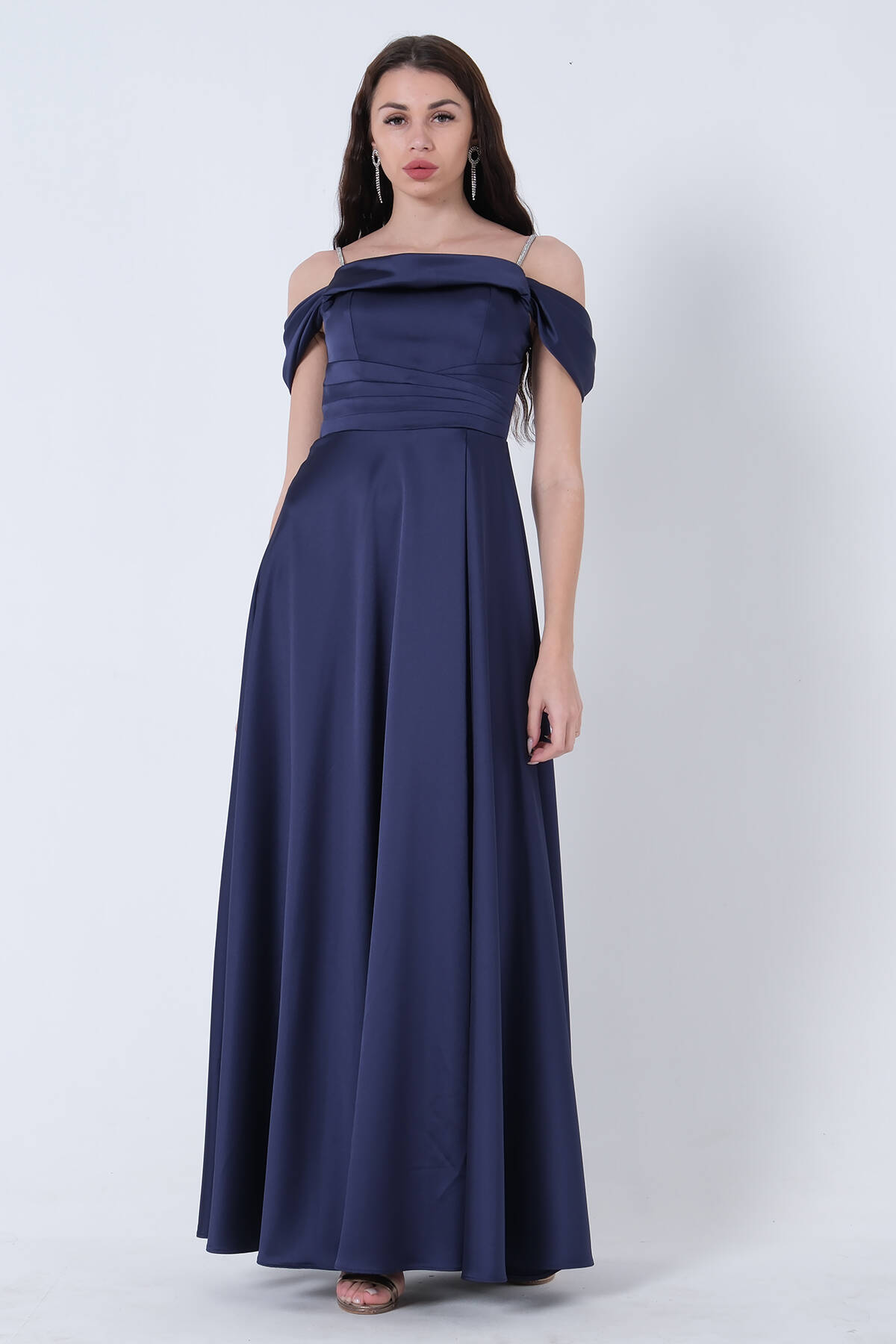 Lacivert Taş Askılı Düşük Kol Saten Abiye 0806118.02 