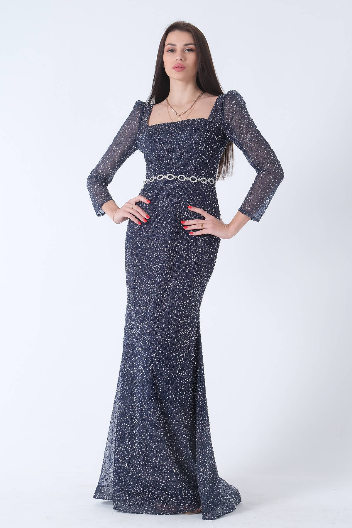 Lacivert Taş İşlemeli Balık Abiye Elbise 9705141.02 Lacivert