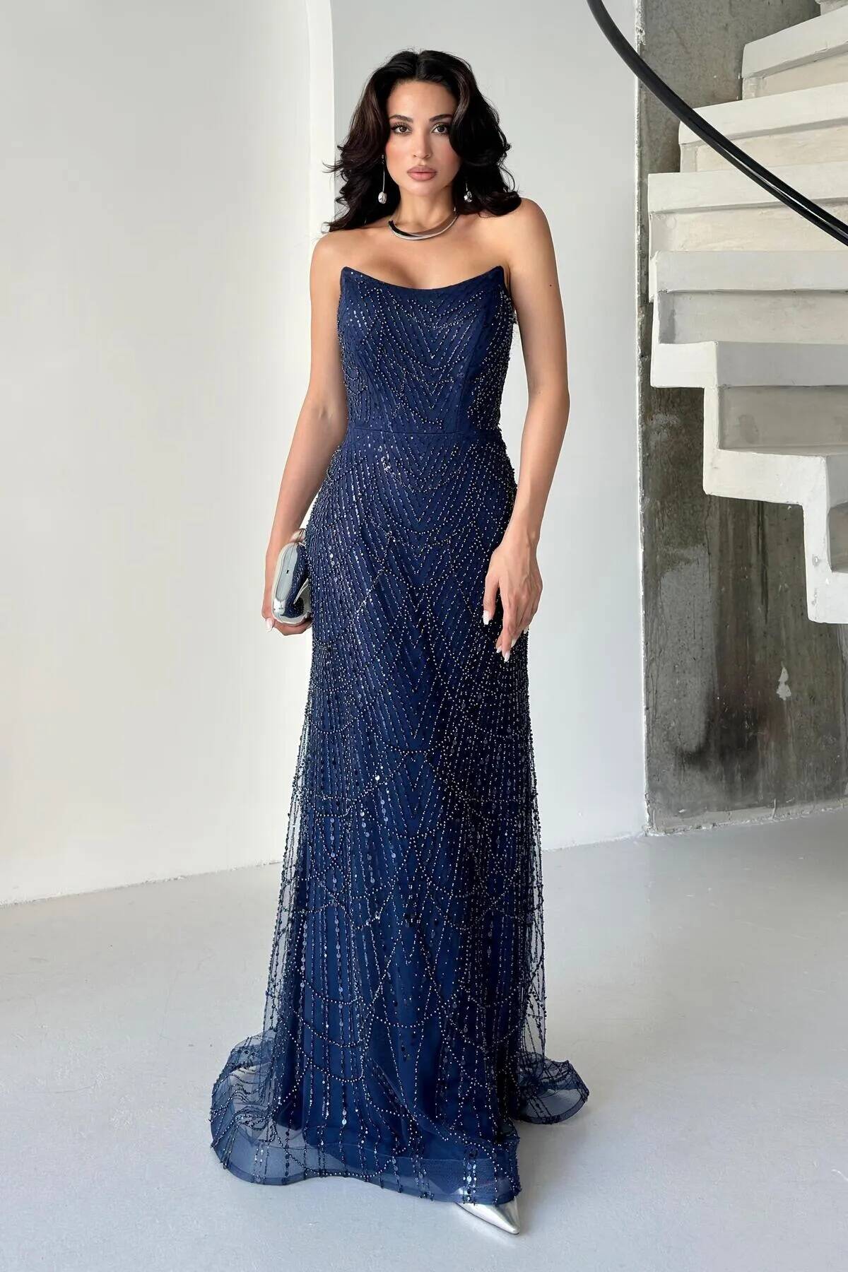 Lacivert Taş İşlemeli Uzun Balık Abiye 0801056.02 - Ardanewline