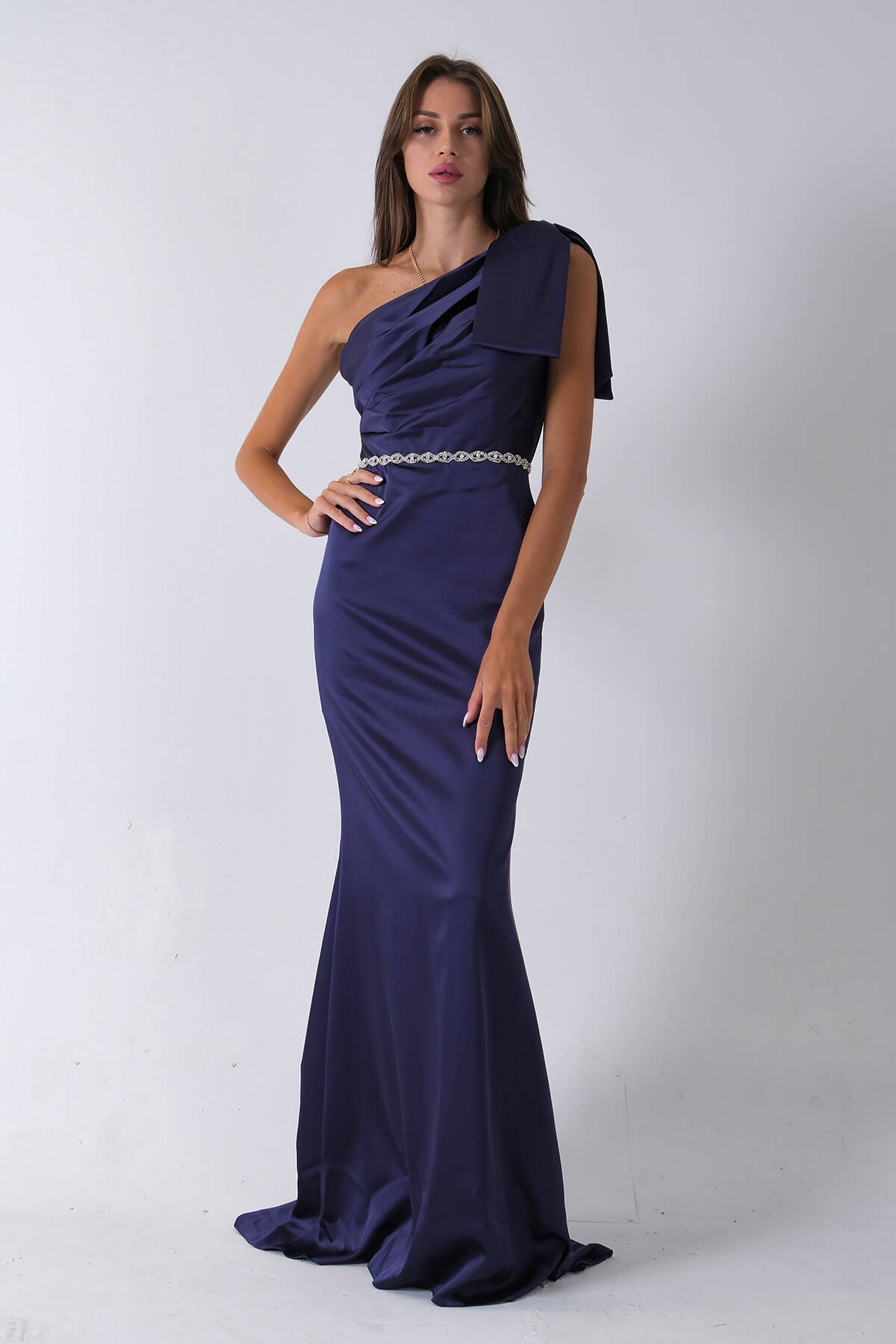 Lacivert Tek Omuz Drapeli Taş Detaylı Abiye 0801009.02 Lacivert