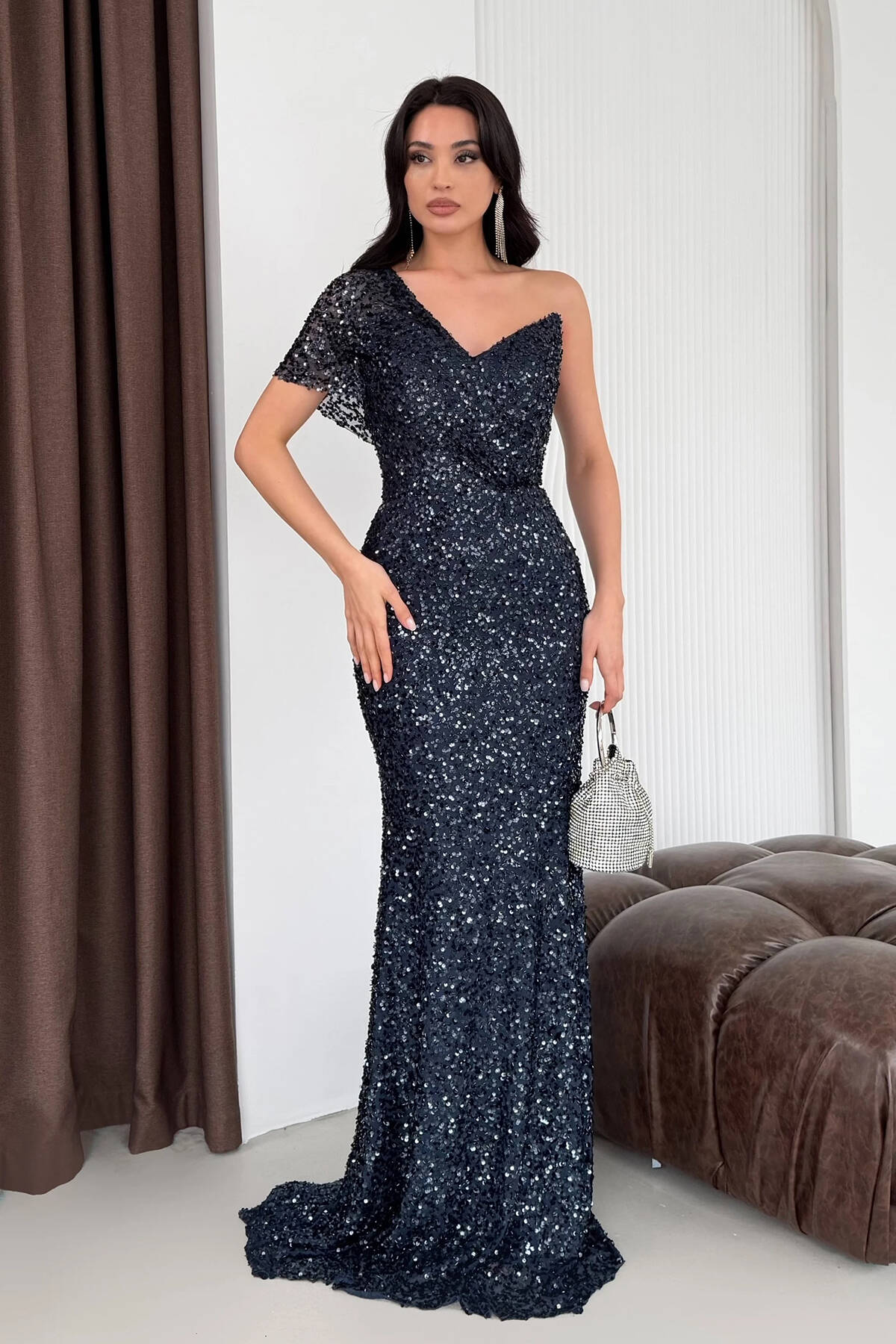 Lacivert Tek Omuz Pul Payetli Straplez Abiye 0801130.02 - Ardanewline