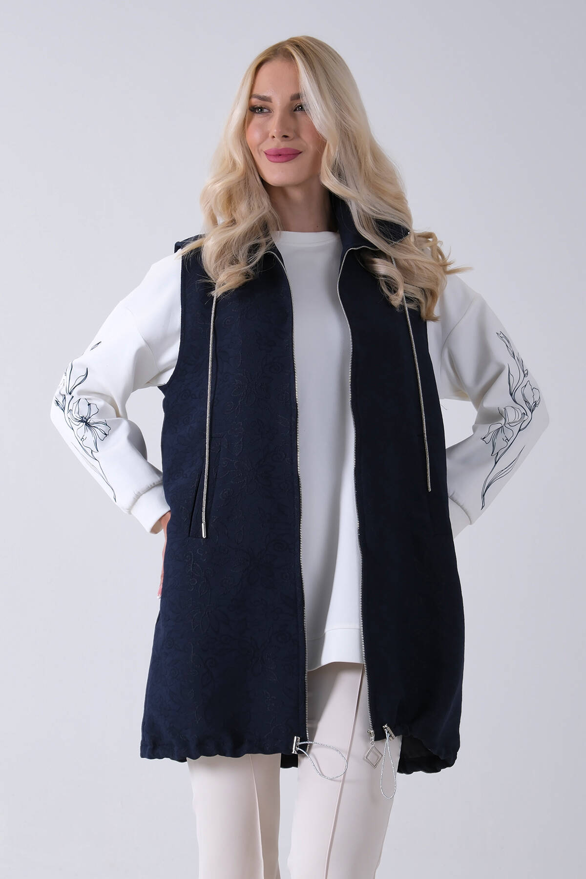 Lacivert Tunik Kolu Çiçek Desenli Yelekli 2'li Takım 940120274.02 Lacivert