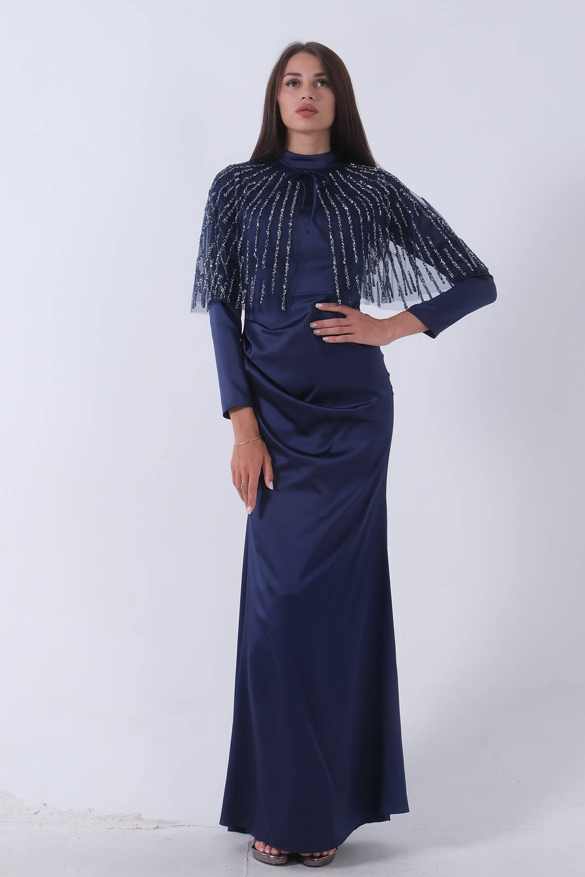Lacivert Yaka Seyyar Şal Ayrobin Eklemeli Tesettür Abiye 6502477.02 