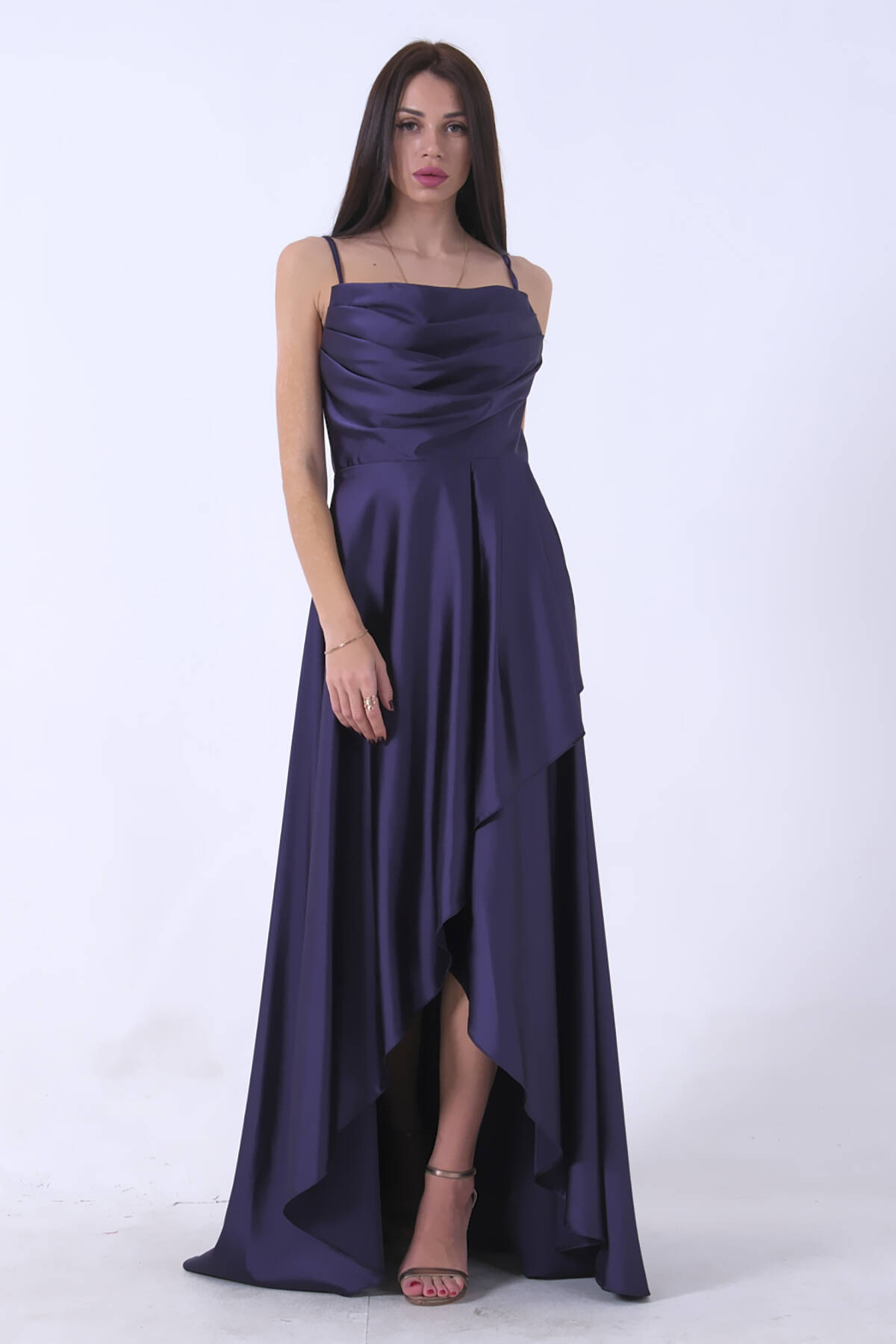 Lacivert Yırtmaç Detaylı Saten Abiye Elbise 4522348.02 