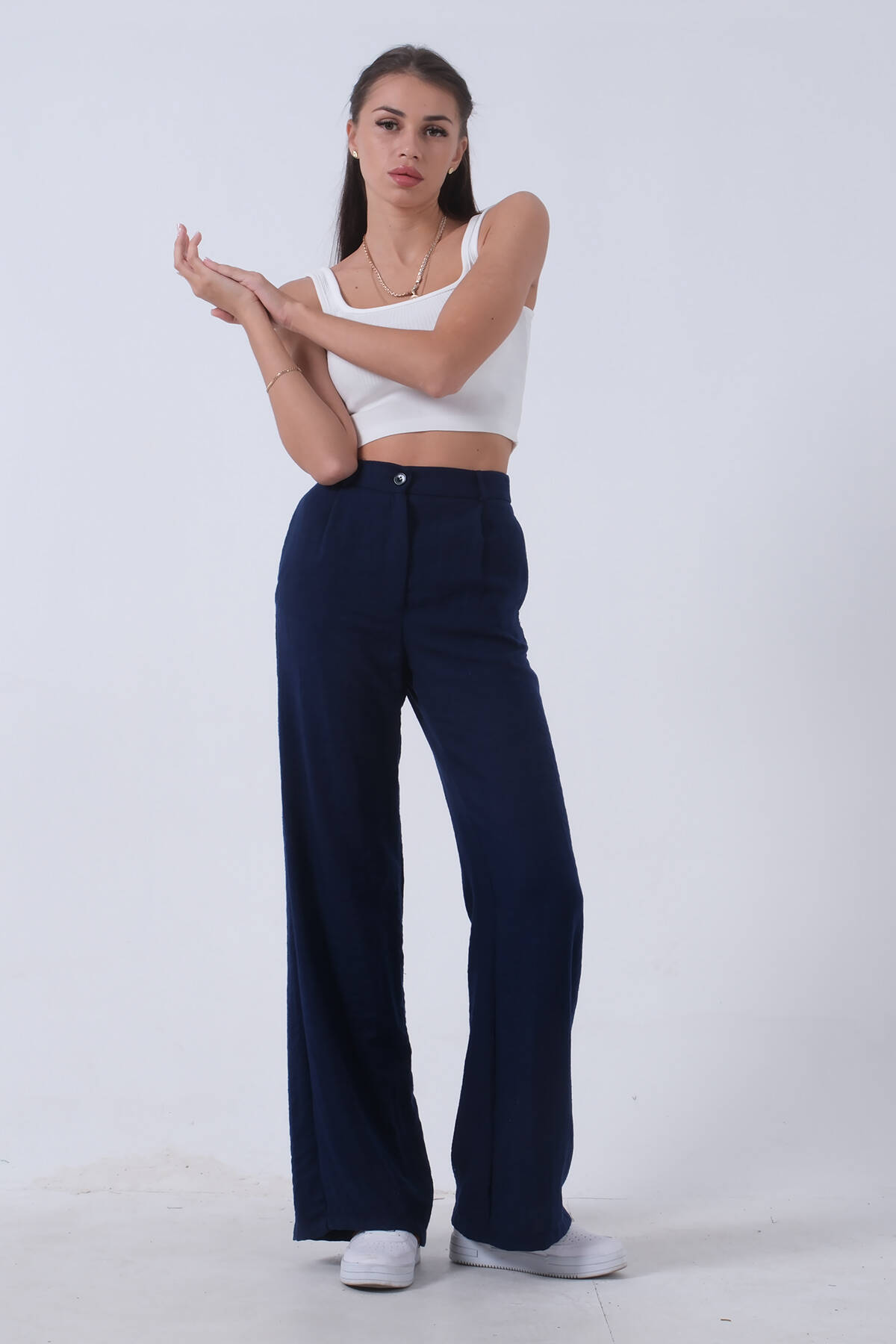 Lacivert Yüksek Bel Bol Paça Keten Pantolon 01020661.02 