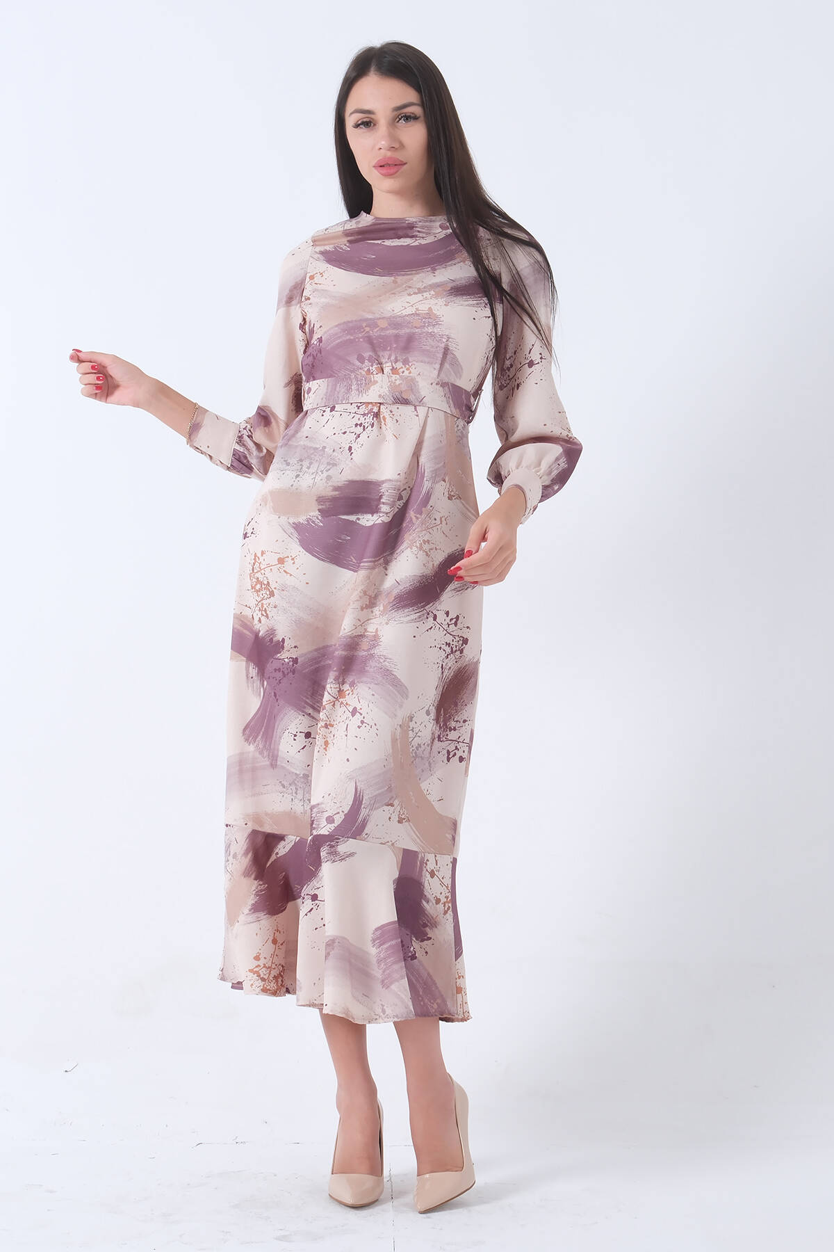 Lavanta Fırça Darbesi Desenli Modern Şık Elbise 0807769.333 