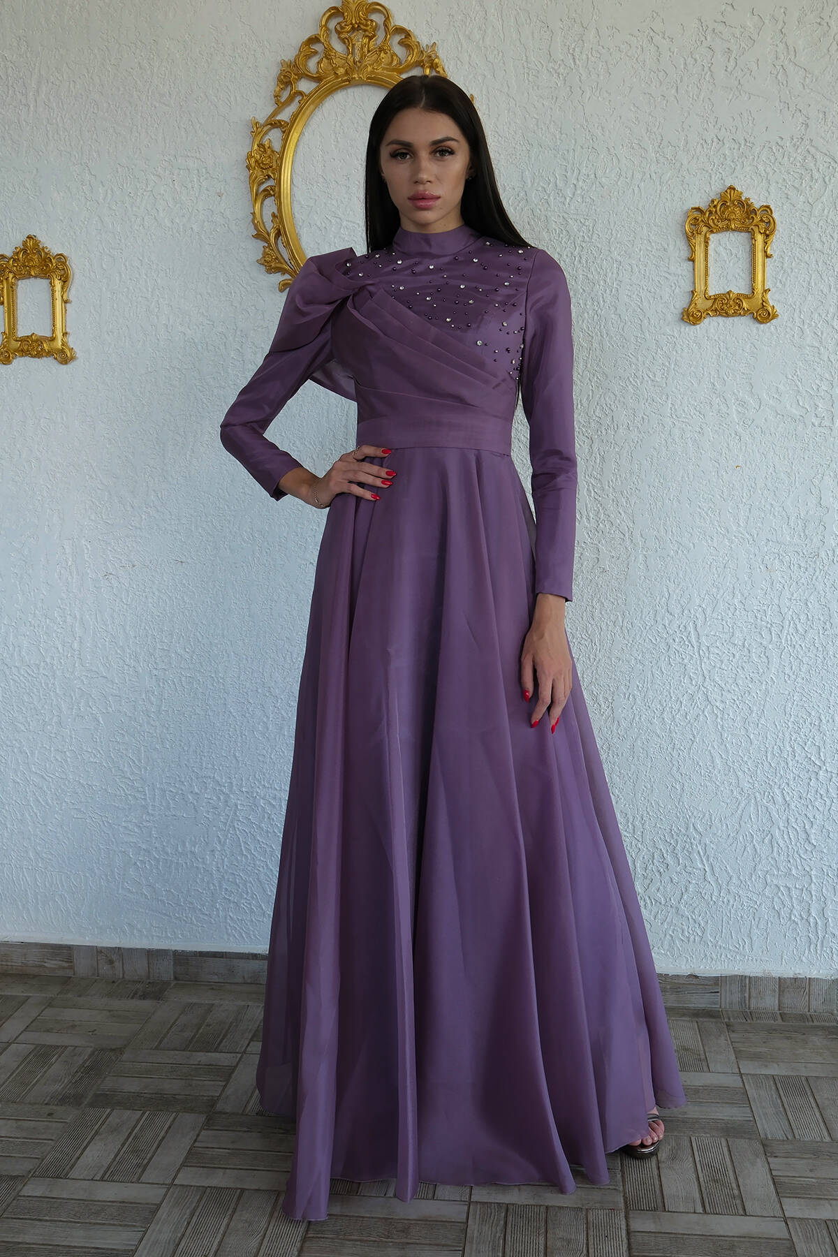 Lavanta İnci Detaylı Bisiklet Yaka Tesettür Abiye 6502511.333 - Ardanewline