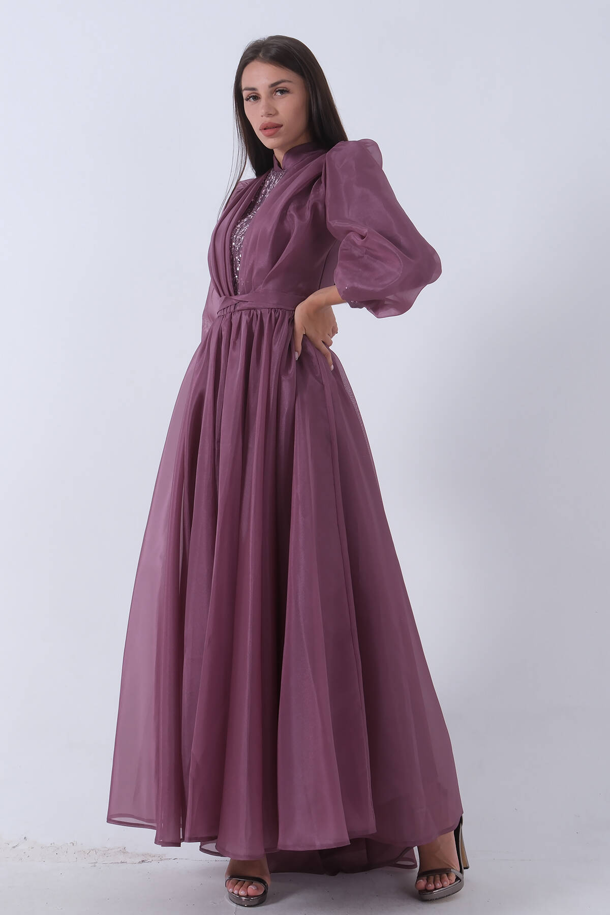 Lavanta Ön Göğüs Taş Detaylı Belden Bağlamalı Astarlı Tesettür Abiye 6502451.333 