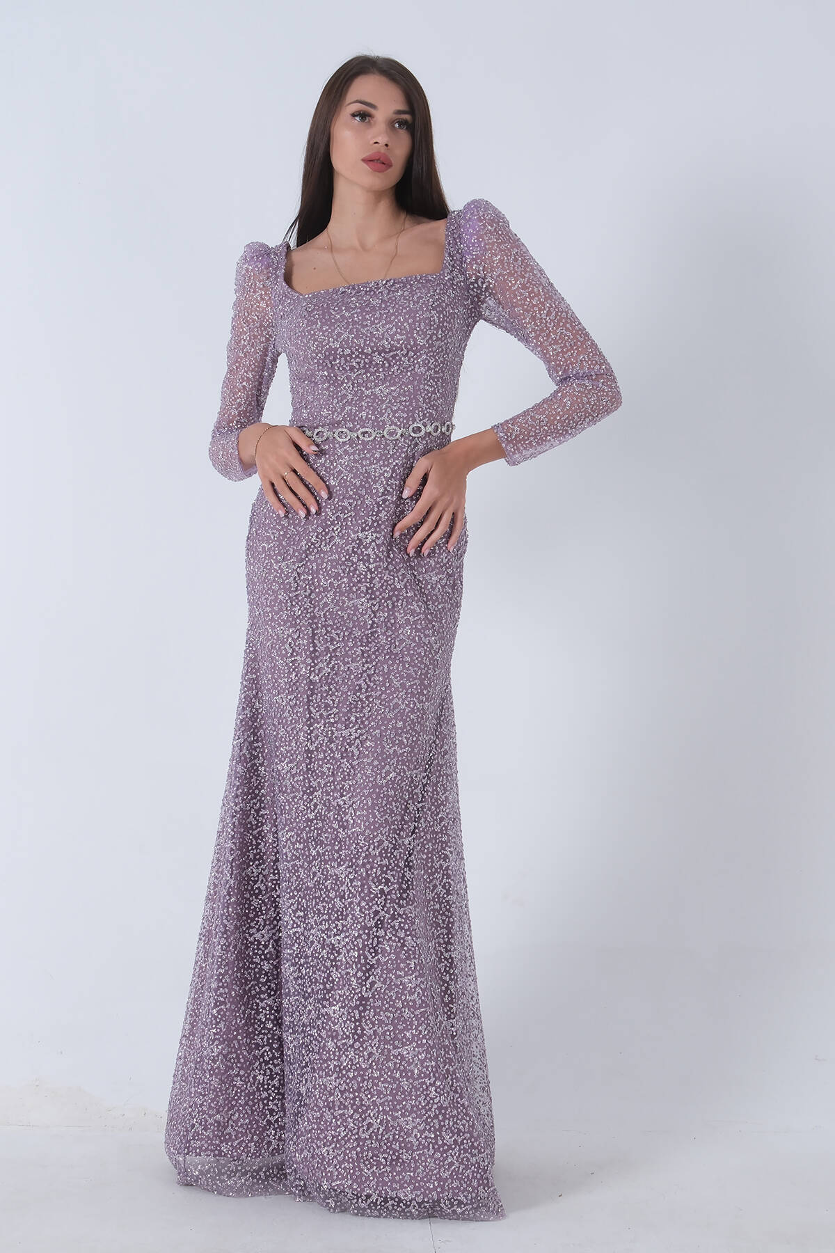 Lavanta Taş İşlemeli Balık Abiye Elbise 9705141.333 Lavanta