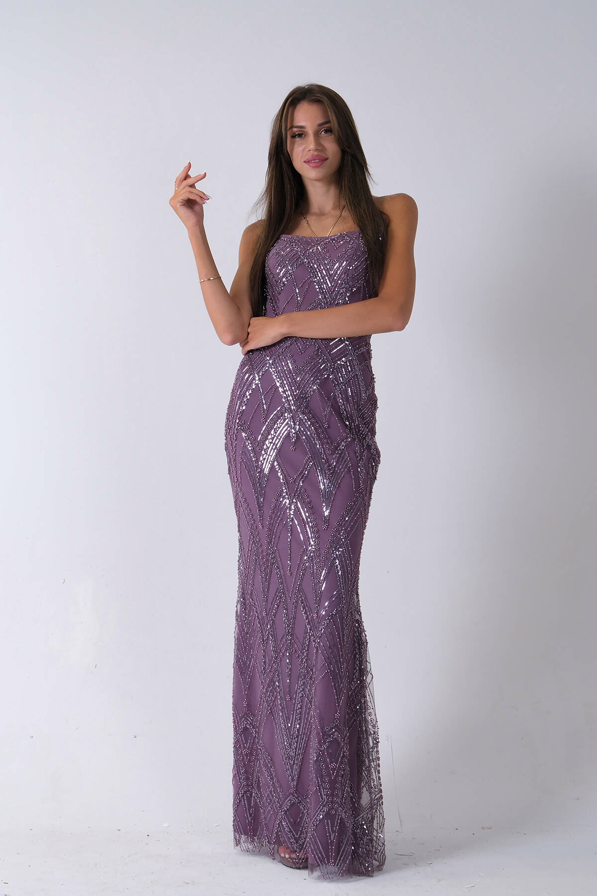 Lavanta Üzeri Taş İşlemeli Sırt Bağlamalı Straplez Abiye 9705498.333 Lavanta