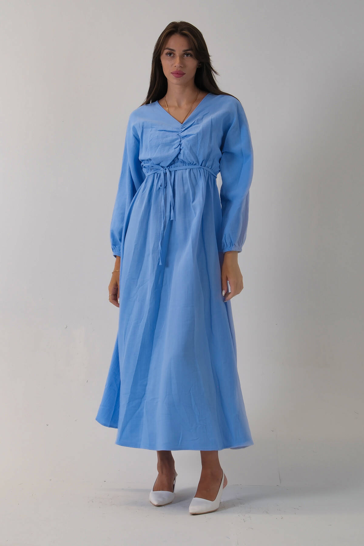 Mavi Beli Lastik Büzgülü V Yaka Bağlamalı Elbise 4593437.16 Mavi