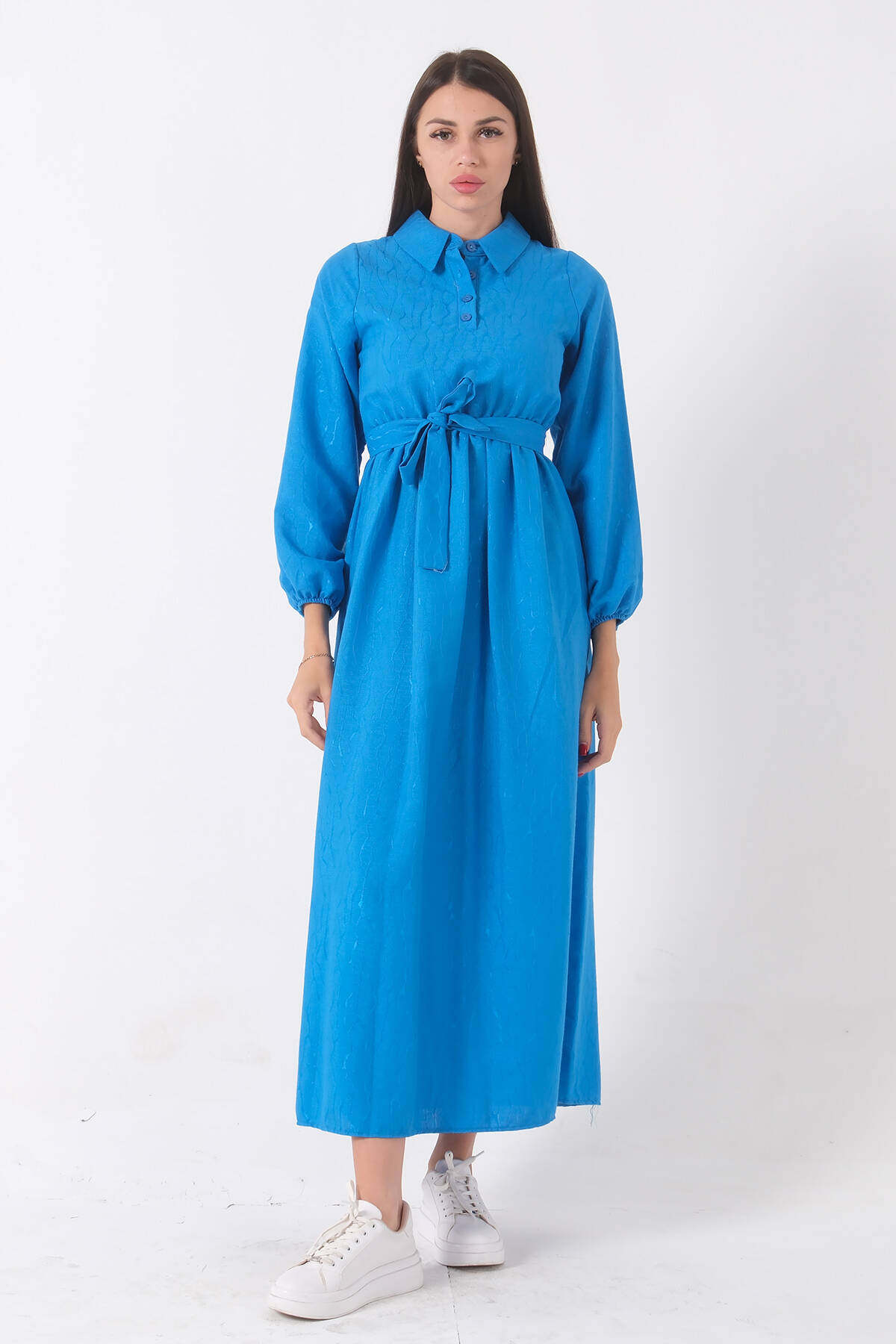 Mavi Beli Lastikli Gömlek Yaka Kuşaklı Tesettür Elbise 4593296.16 