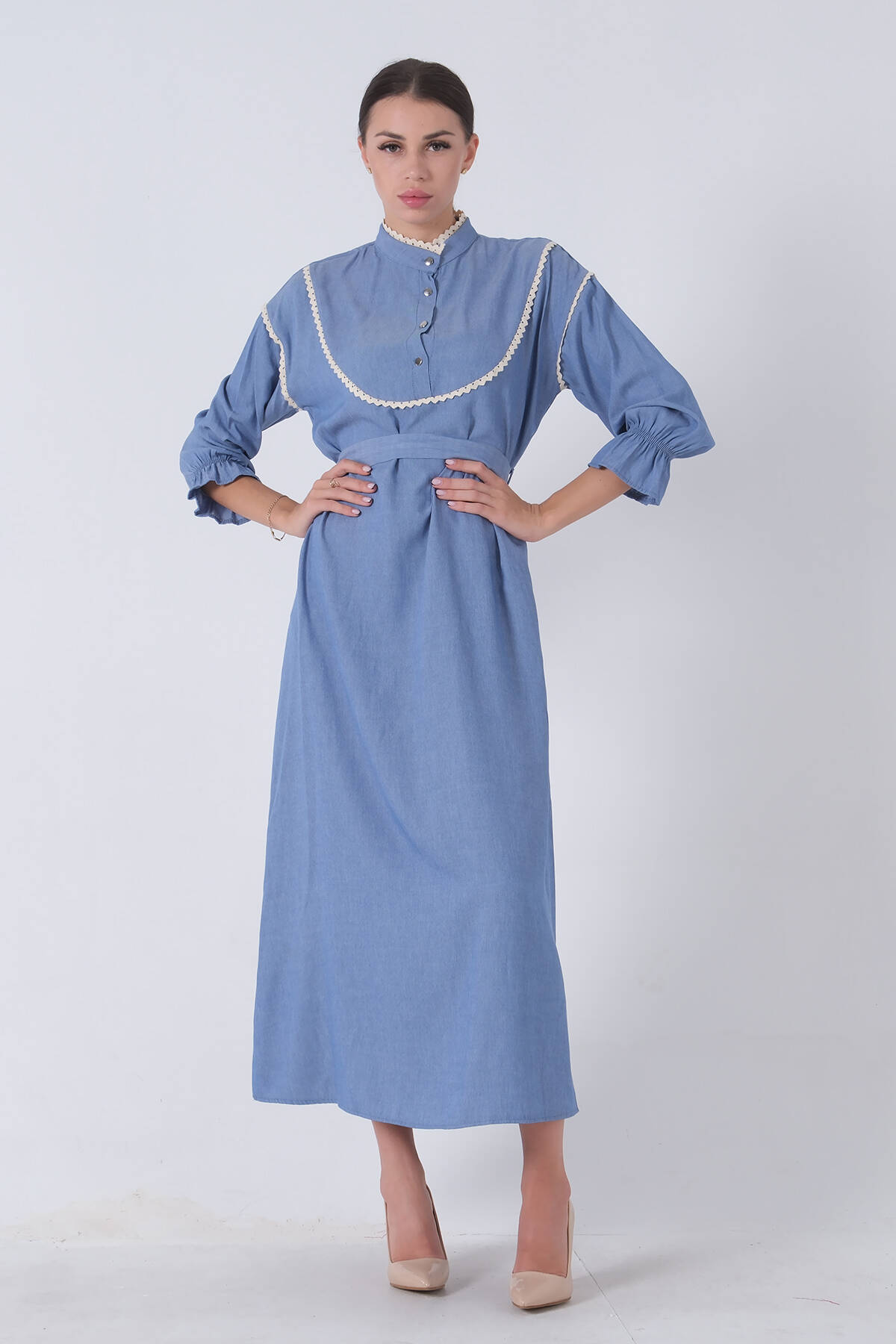 Mavi Önü Dantel Biyeli Tesettür Elbise 0807771.16 