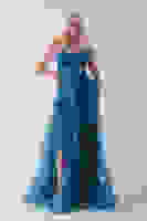 Mavi Straplez Yaka Önü Düğme Detaylı Desenli Fırfırlı Abiye 9705680.16 Mavi