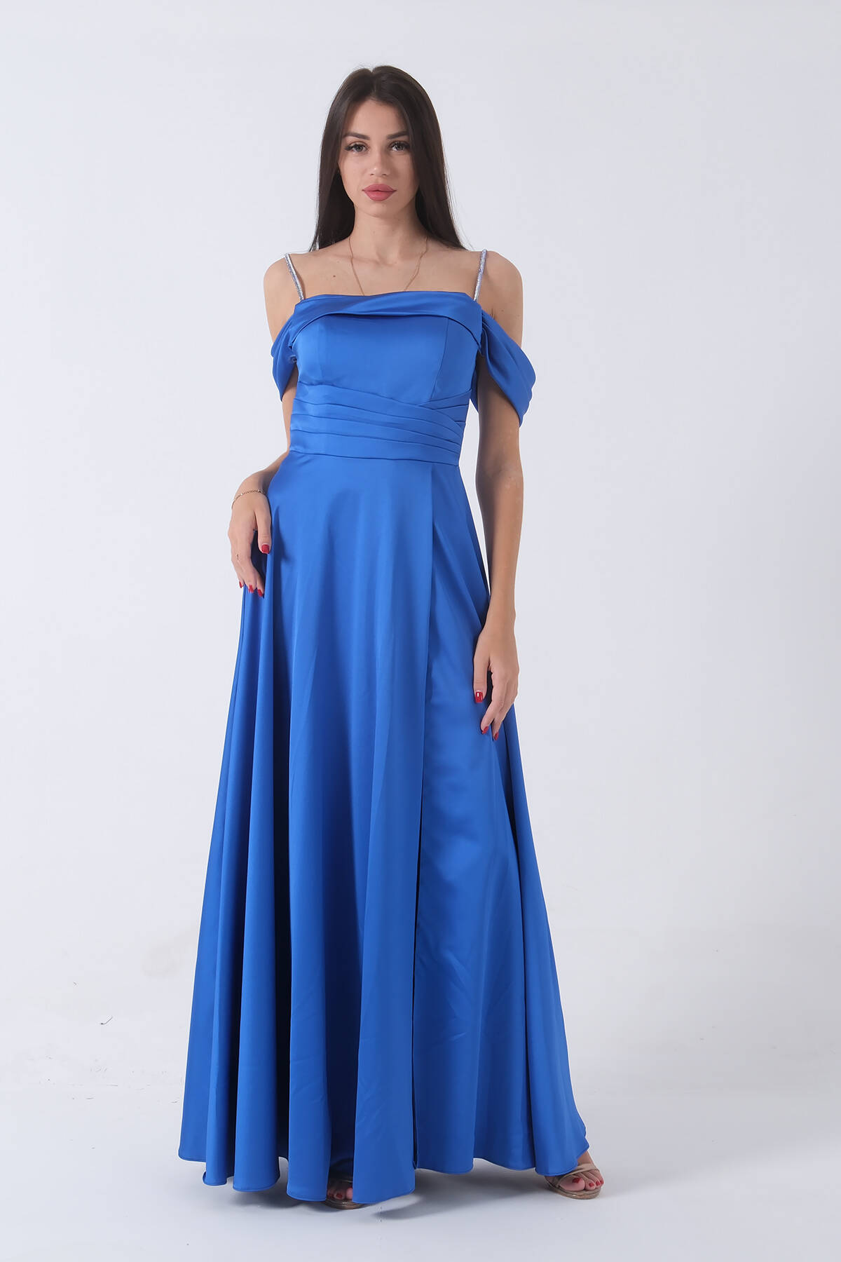 Mavi Taş Askılı Düşük Kol Saten Abiye 0806118.16 