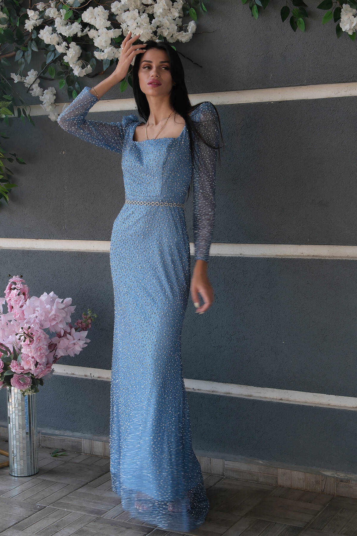 Mavi Taş İşlemeli Balık Abiye Elbise 9705141.16 Mavi