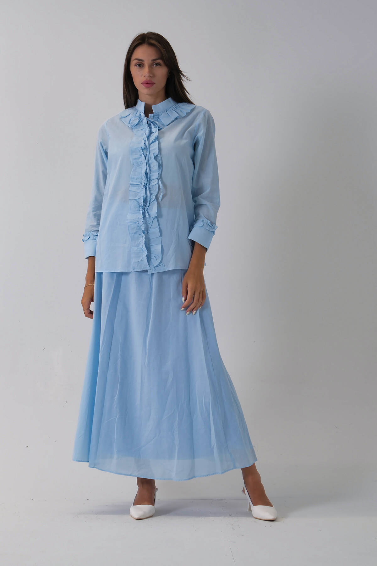 Mavi Yaka ve Bilek Fırfır Detaylı Etekli Takım 4592246.16 Mavi