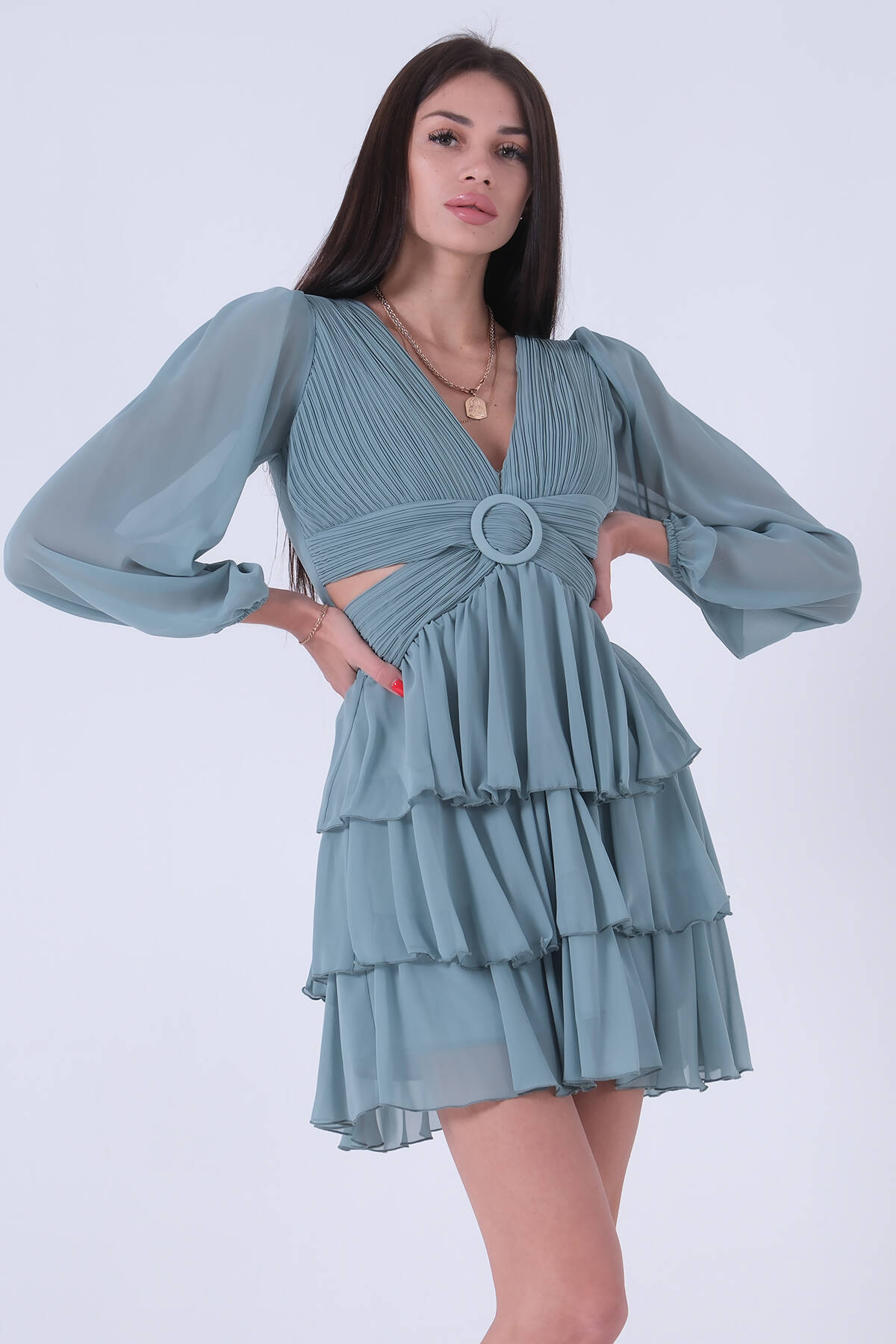 Mint Fırfırlı Dekolteli Mini Şifon Abiye Elbise 9705278.27