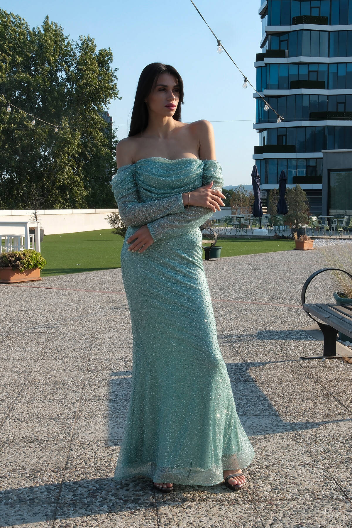 Mint Kayık Yaka Simli Uzun Kol Abiye 9705266.27 Mint