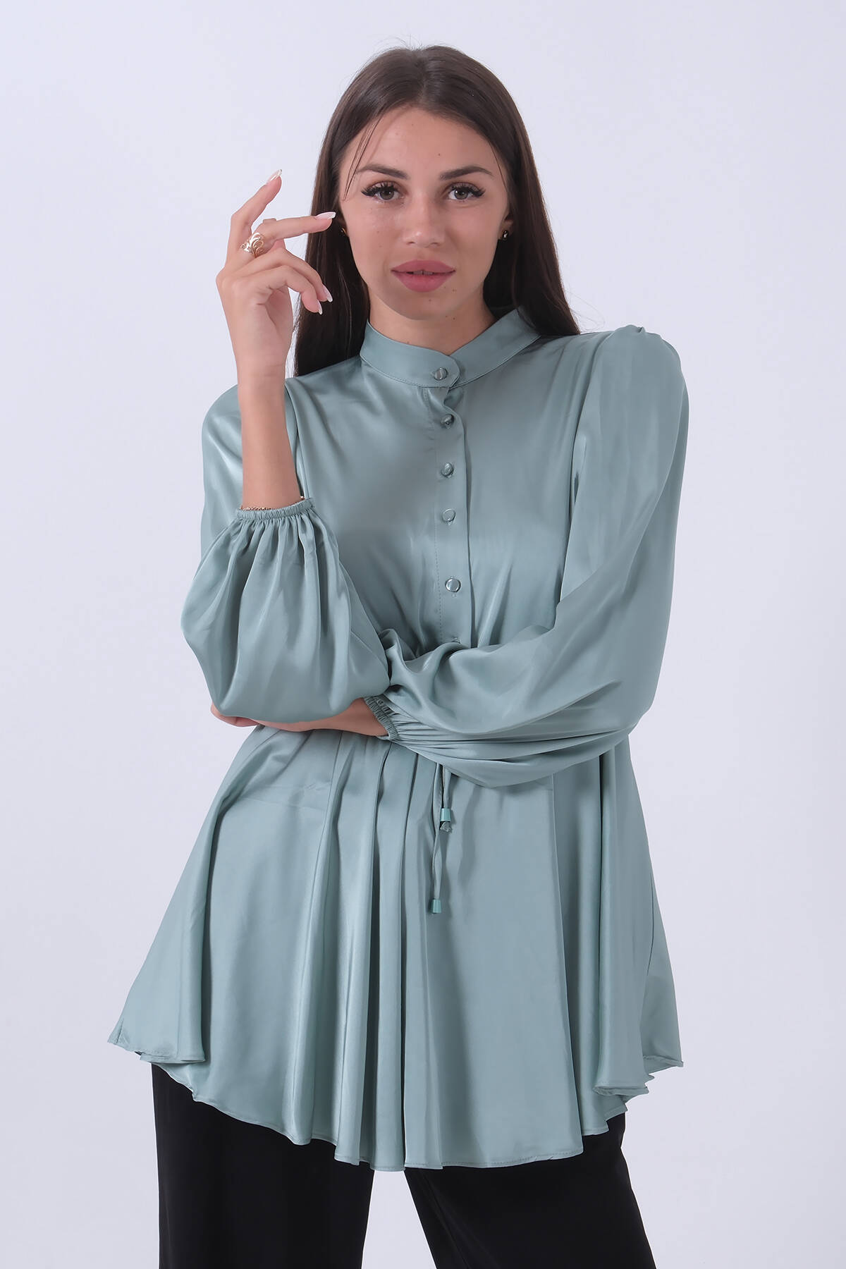 Mint Kolu Lastikli Belden Bağlamalı Saten Tunik 44510418.27 Mint