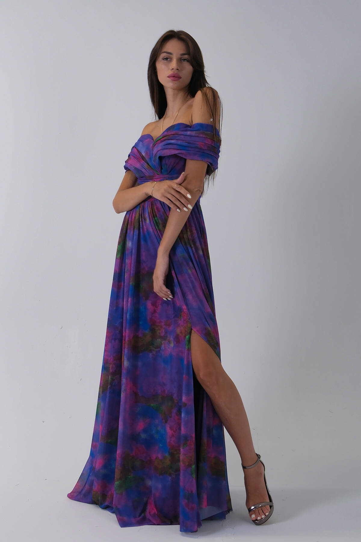 Mor Beli Çiçek Detaylı Desenli Şifon Abiye 0801102.03 Mor