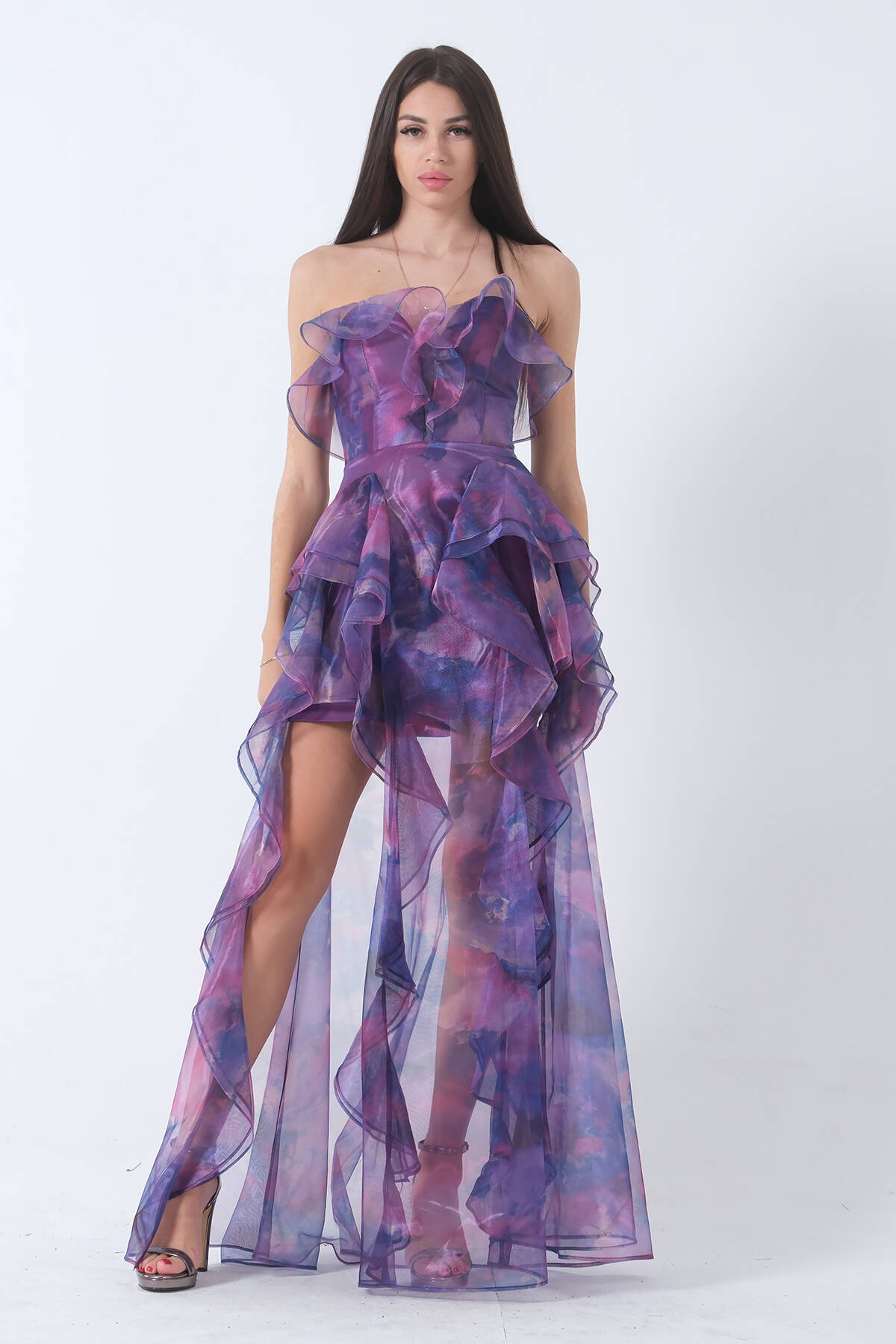 Mor Fırfırlı Tül Şifon Abiye Elbise 0802000.03 Mor