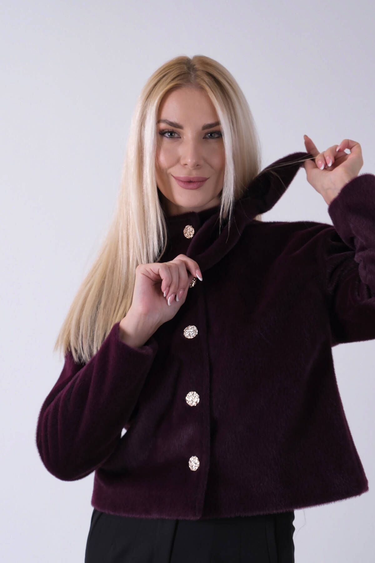 Mor Omuz Fiyonk Detaylı Düğme Kapamalı Kaşe Ceket 41630060.03 Mor