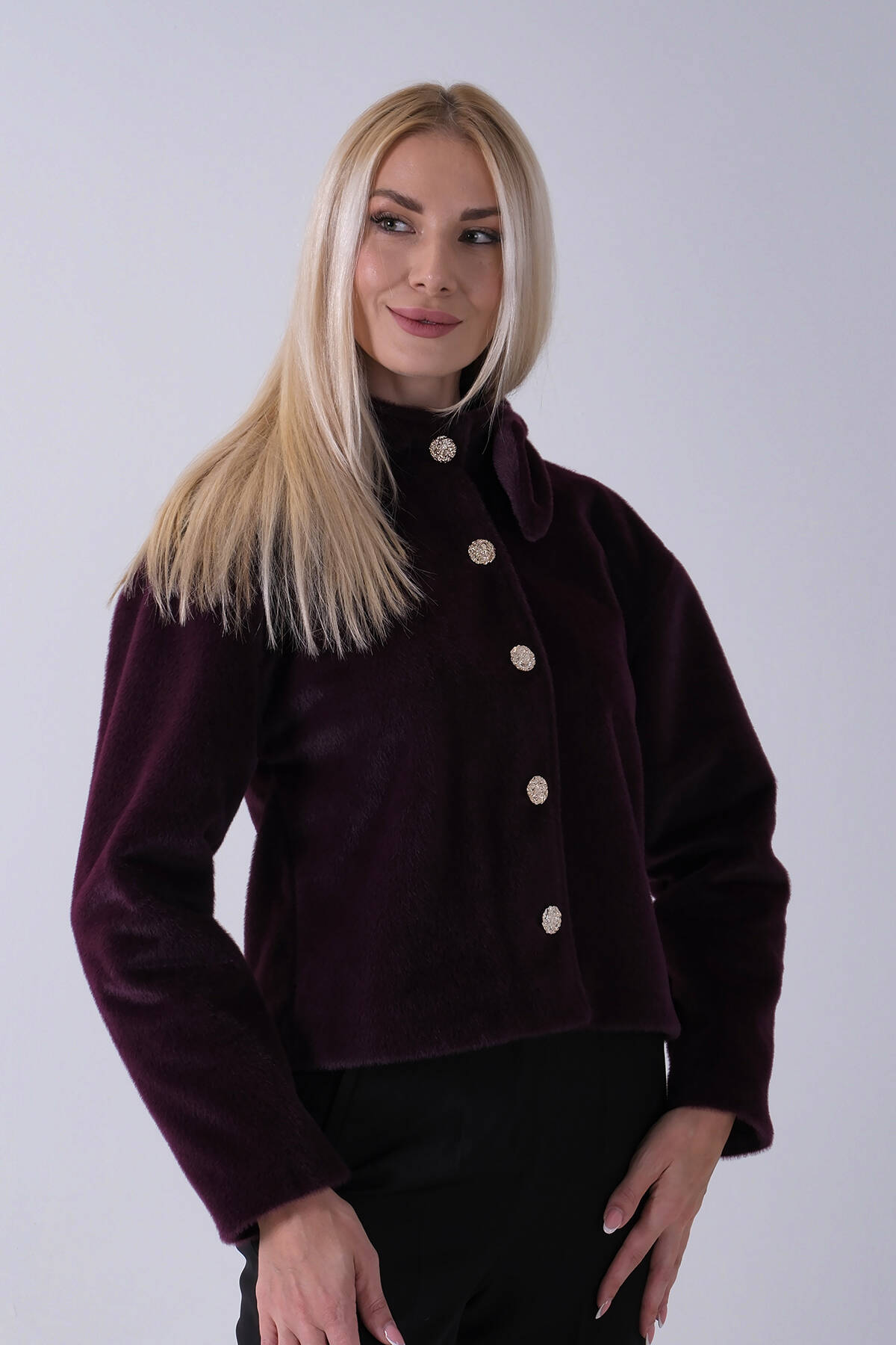 Mor Omuz Fiyonk Detaylı Düğme Kapamalı Kaşe Ceket 41630060.03 - Ardanewline (1)