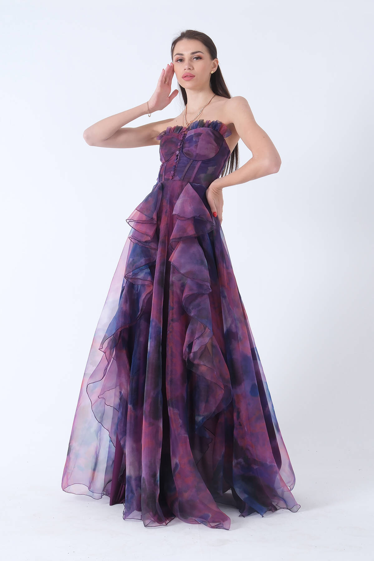 Mor Straplez Yaka Yırtmaçlı Eteği Fırfırlı Abiye 9705163.03 