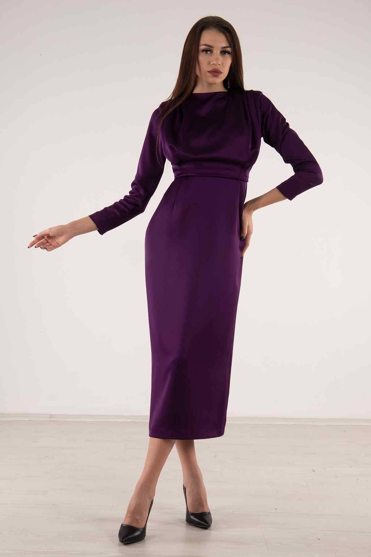 Mor Üzeri Pilise Detaylı Saten Tesettür Abiye Elbise 6502300.03 