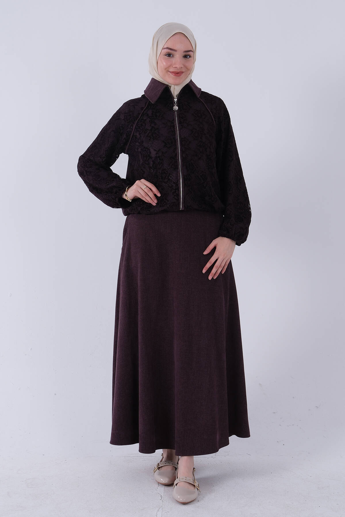 Mürdüm Beli Lastikli Üzeri Dantelli Ceket Etekli Takım 4577464.21 