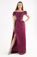 Mürdüm Drape Detaylı Saten Kumaş Abiye Elbise 9704858.21 