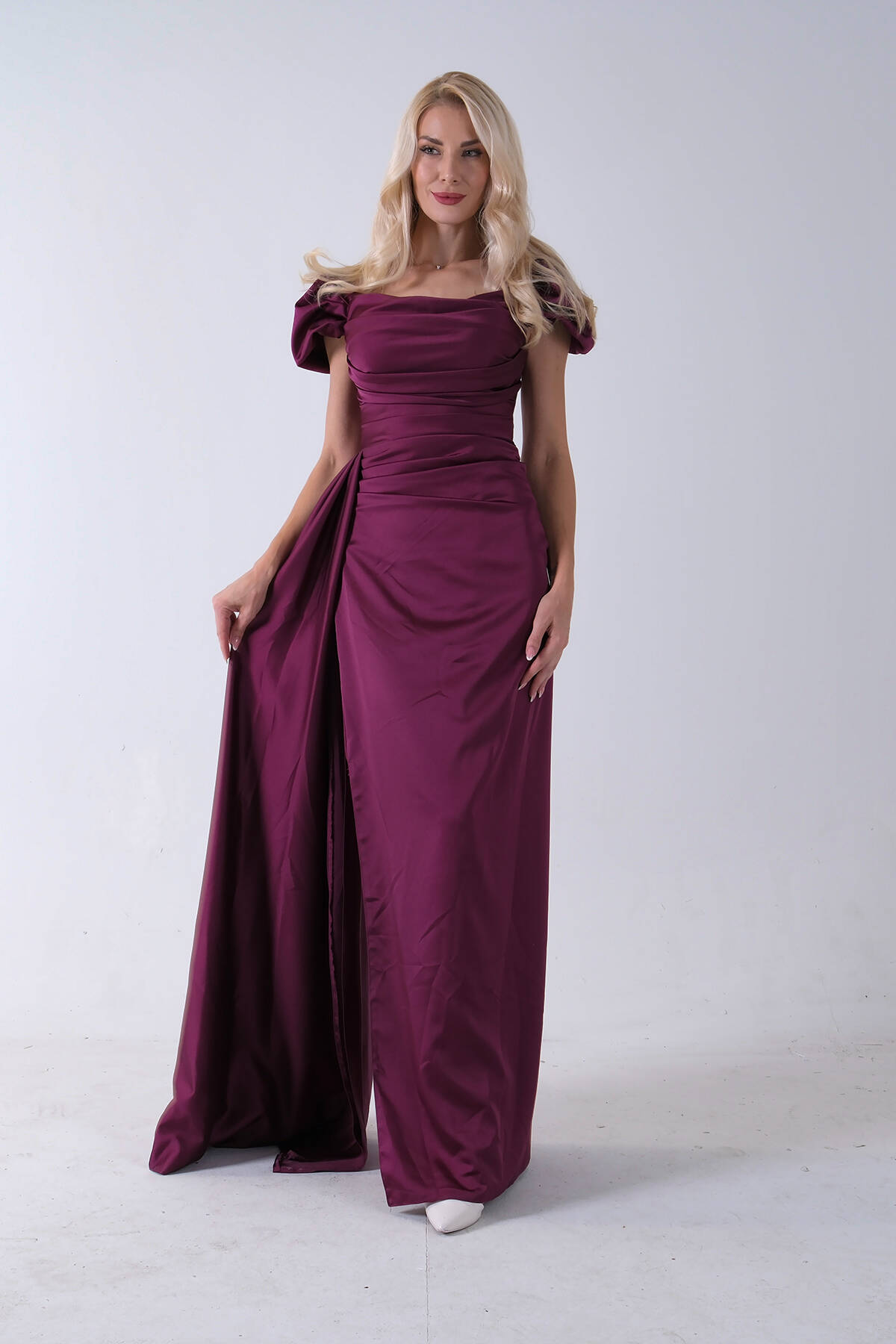 Mürdüm Drape Detaylı Saten Kumaş Abiye Elbise 9704858.21 