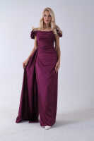 Mürdüm Drape Detaylı Saten Kumaş Abiye Elbise 9704858.21