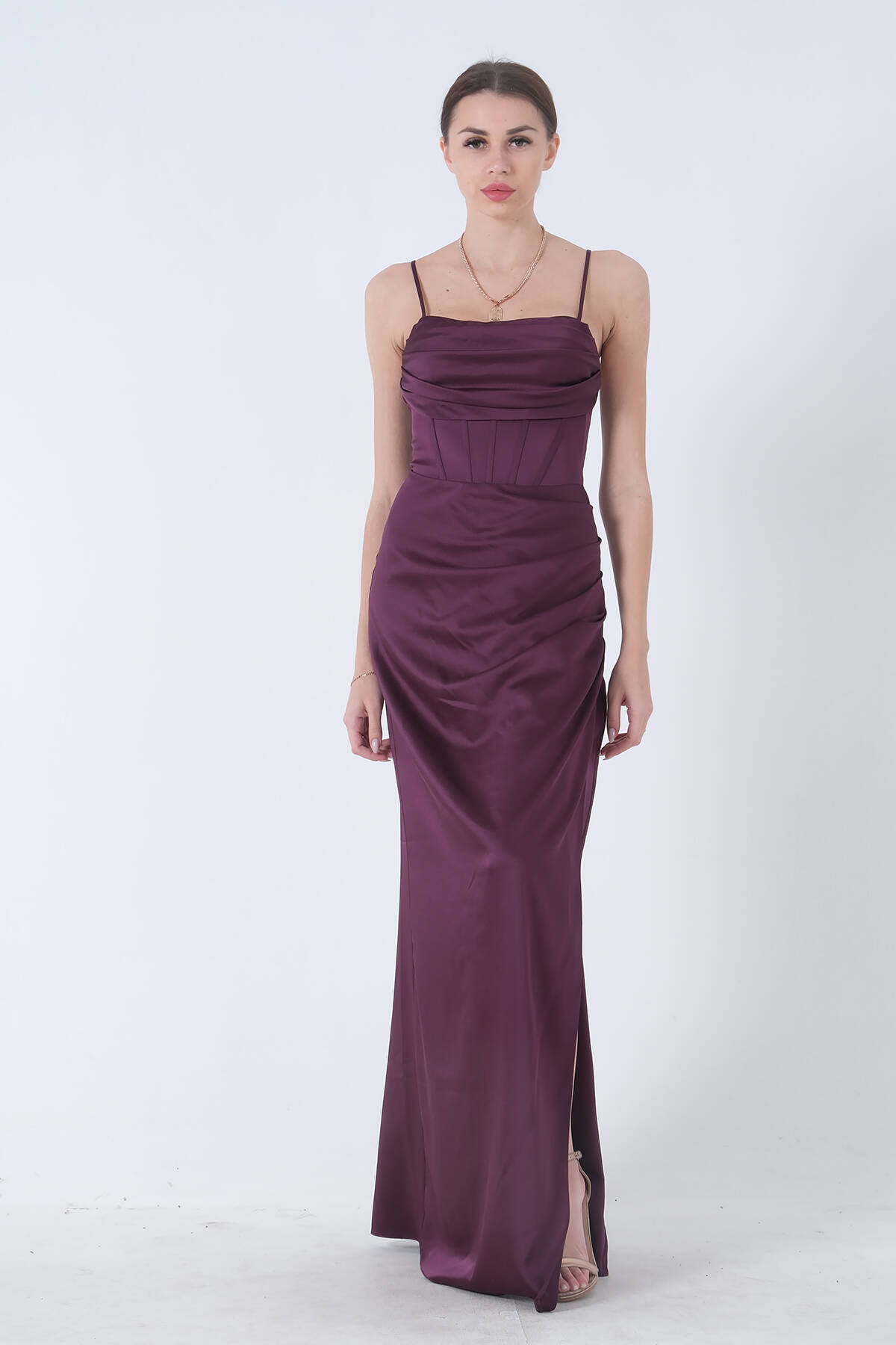 Mürdüm Sırtı Bağlamalı Yırtmaçlı Abiye 4522018.21 Mürdüm