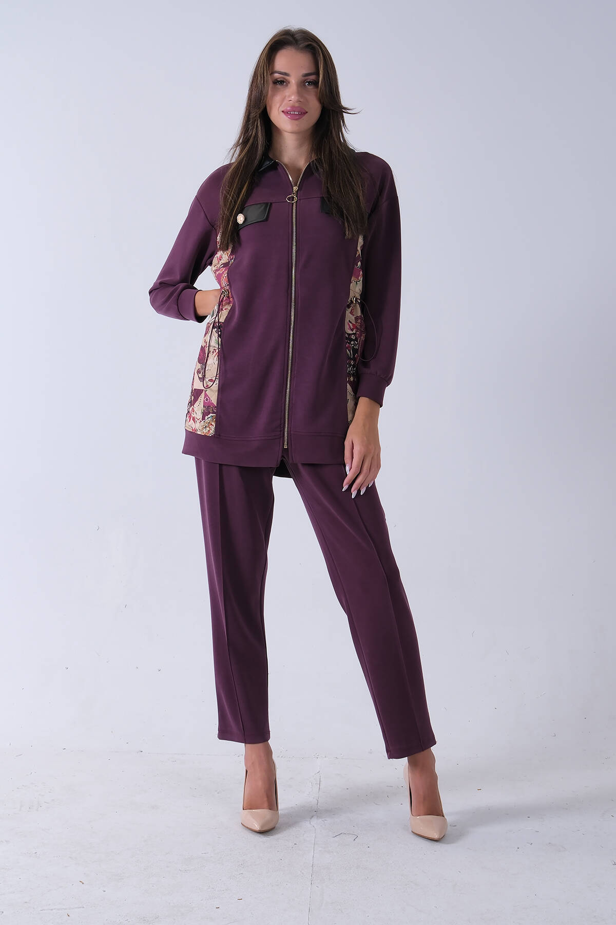 Mürdüm Üzeri Desenli Yaka Deri Detaylı Fermuar Kapamalı Tunik Pantolonlu Takım 4703058.21 - Ardanewline