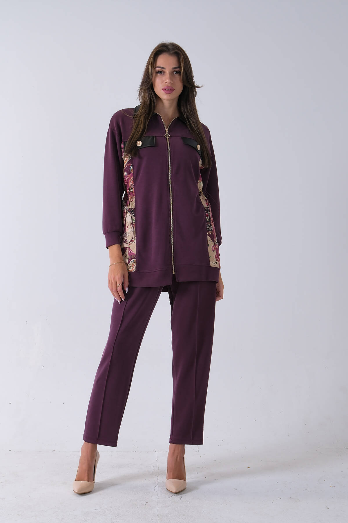 Mürdüm Üzeri Desenli Yaka Deri Detaylı Fermuar Kapamalı Tunik Pantolonlu Takım 4703058.21 - Ardanewline (1)