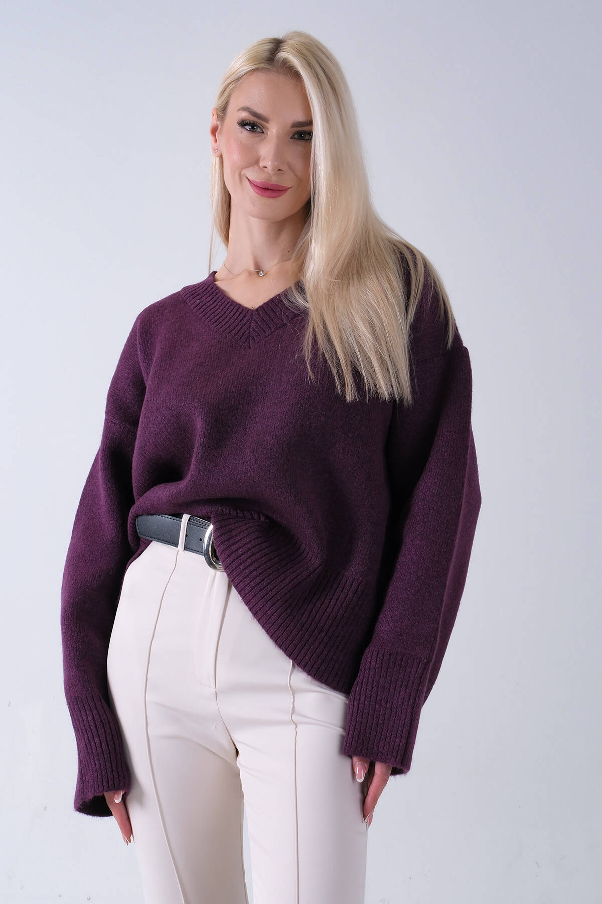 Mürdüm V Yaka Beli Lastikli Triko Kazak 46892623.21 - Ardanewline