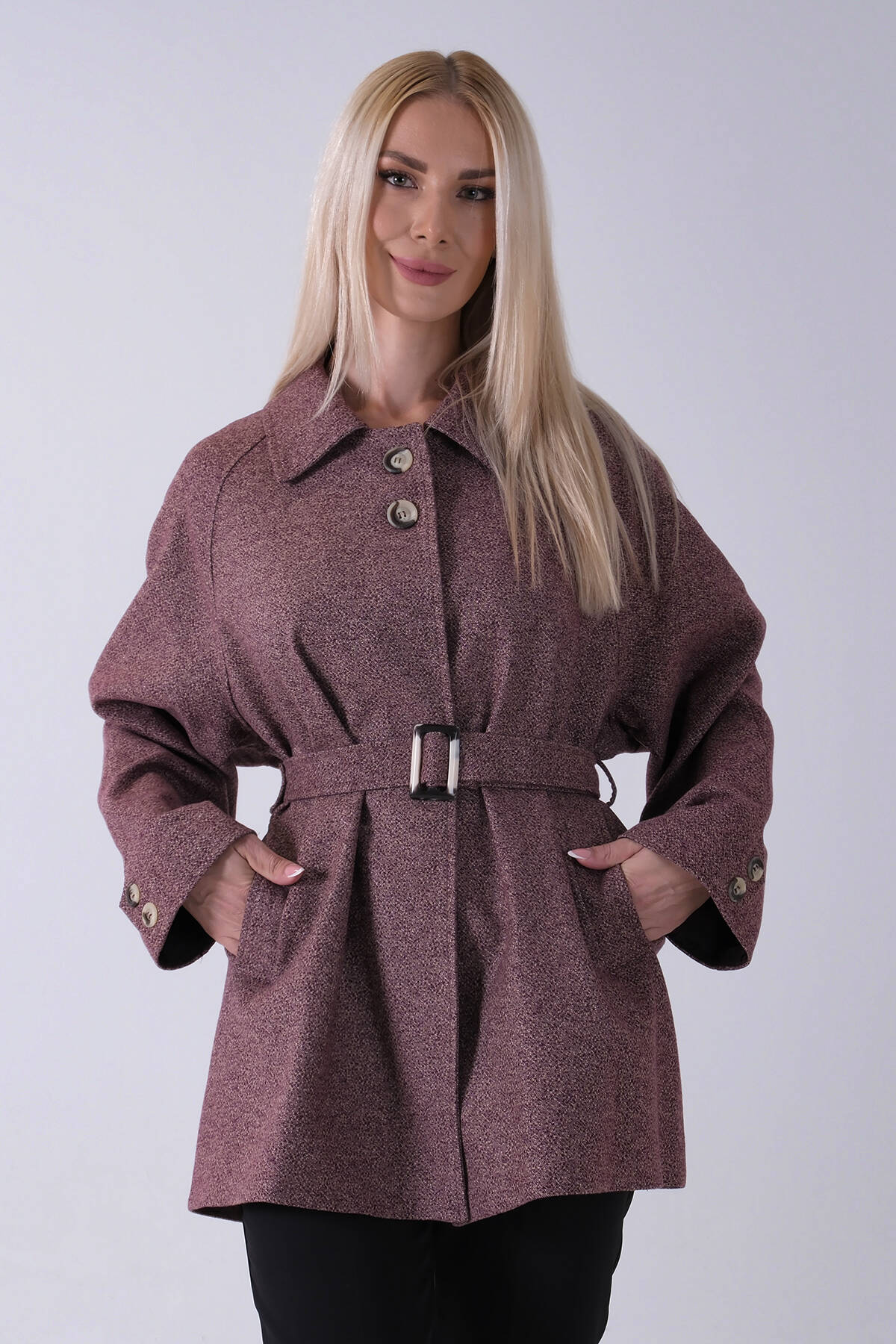 Mürdüm Yaka 2 Düğme Kapamalı Yandan Cepli Kemerli Kaban 4578039.21 - Ardanewline