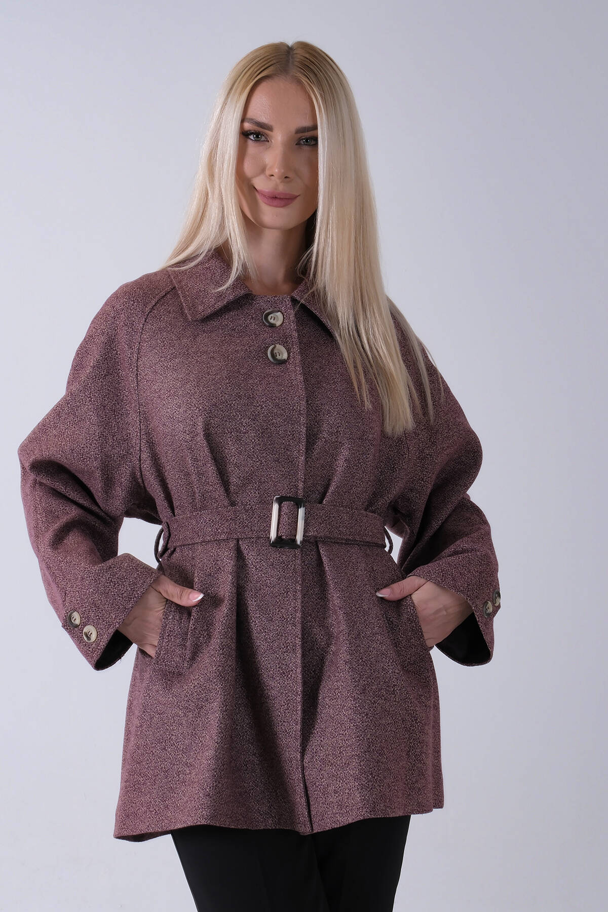 Mürdüm Yaka 2 Düğme Kapamalı Yandan Cepli Kemerli Kaban 4578039.21 - Ardanewline (1)