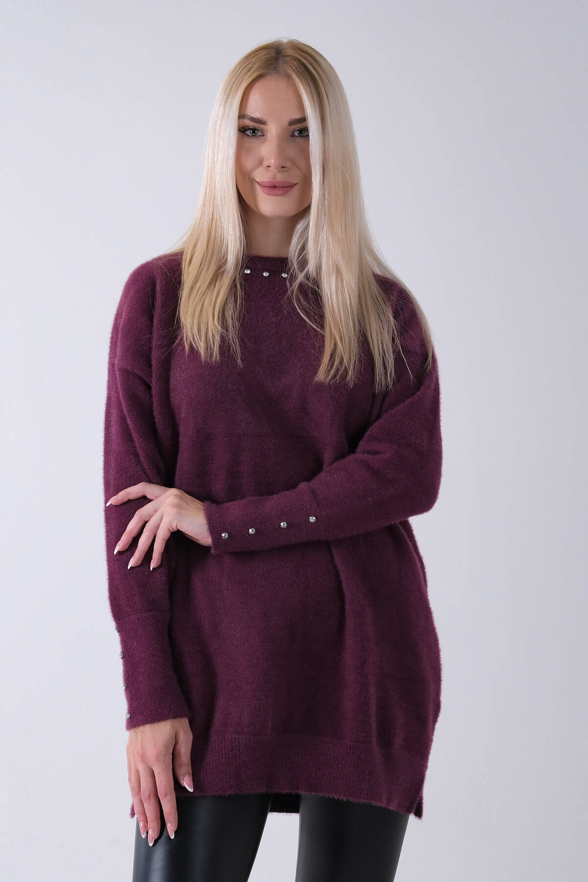 Mürdüm Yaka ve Kolları Taş Detaylı Bisiklet Yaka Kazak 44530206.21 - Ardanewline