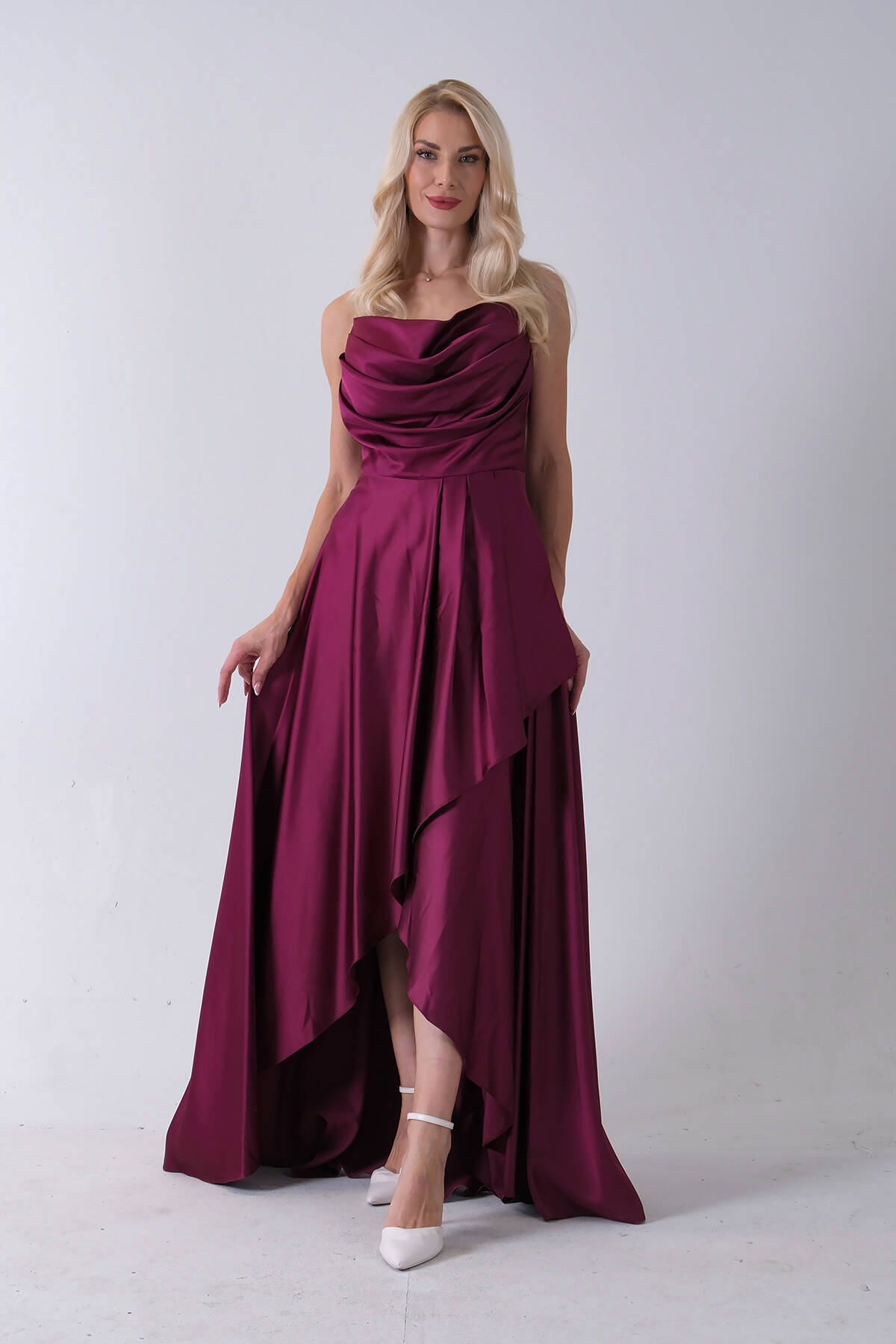 Mürdüm Yırtmaç Detaylı Saten Abiye Elbise 4522348.21 Mürdüm