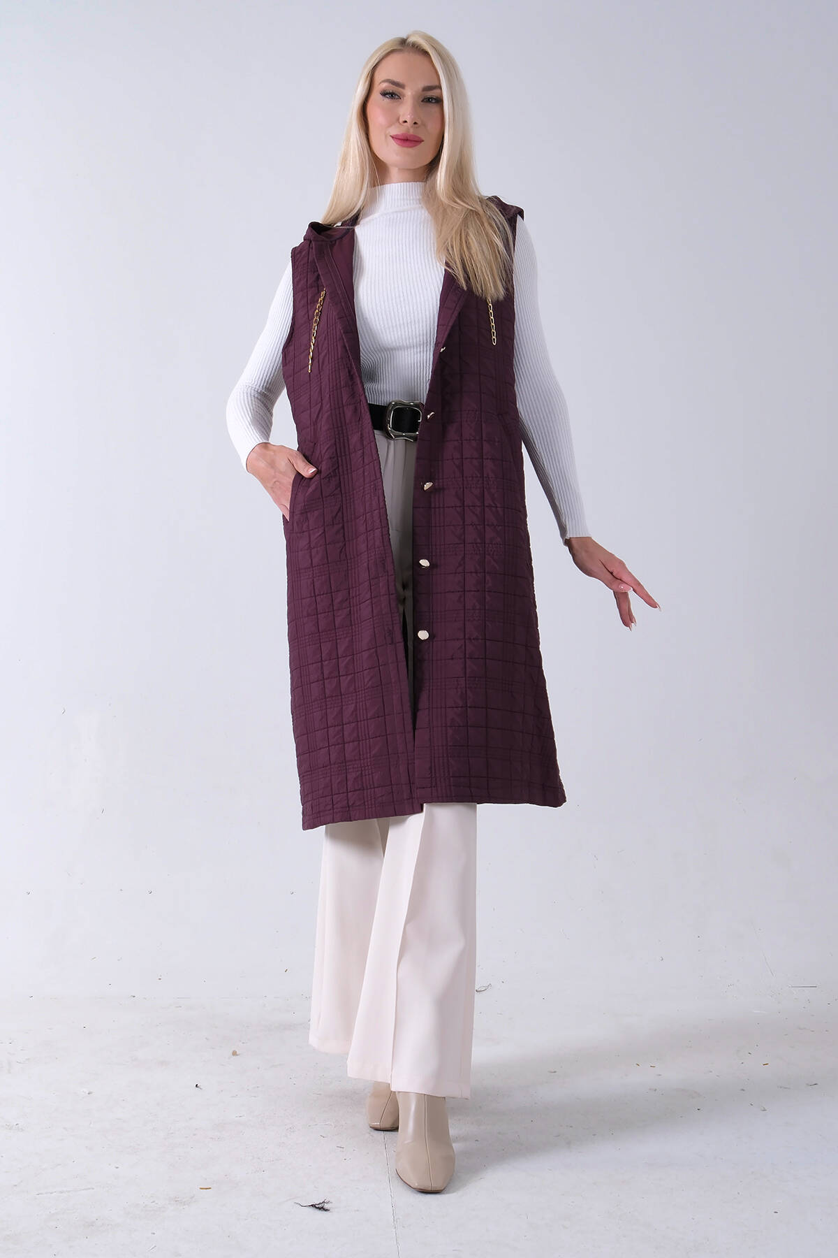 Mürdüm Zincir Detaylı Fleto Cepli Kapitone Yelek 31070195.21 - Ardanewline