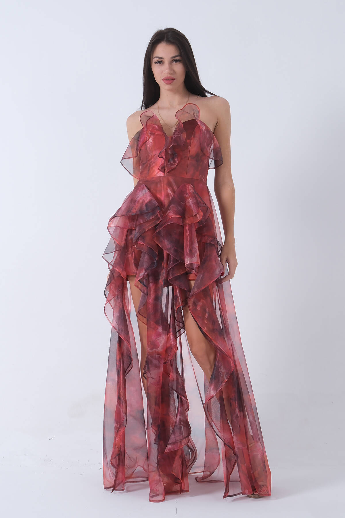 Oranj Fırfırlı Tül Şifon Abiye Elbise 0802000.24 