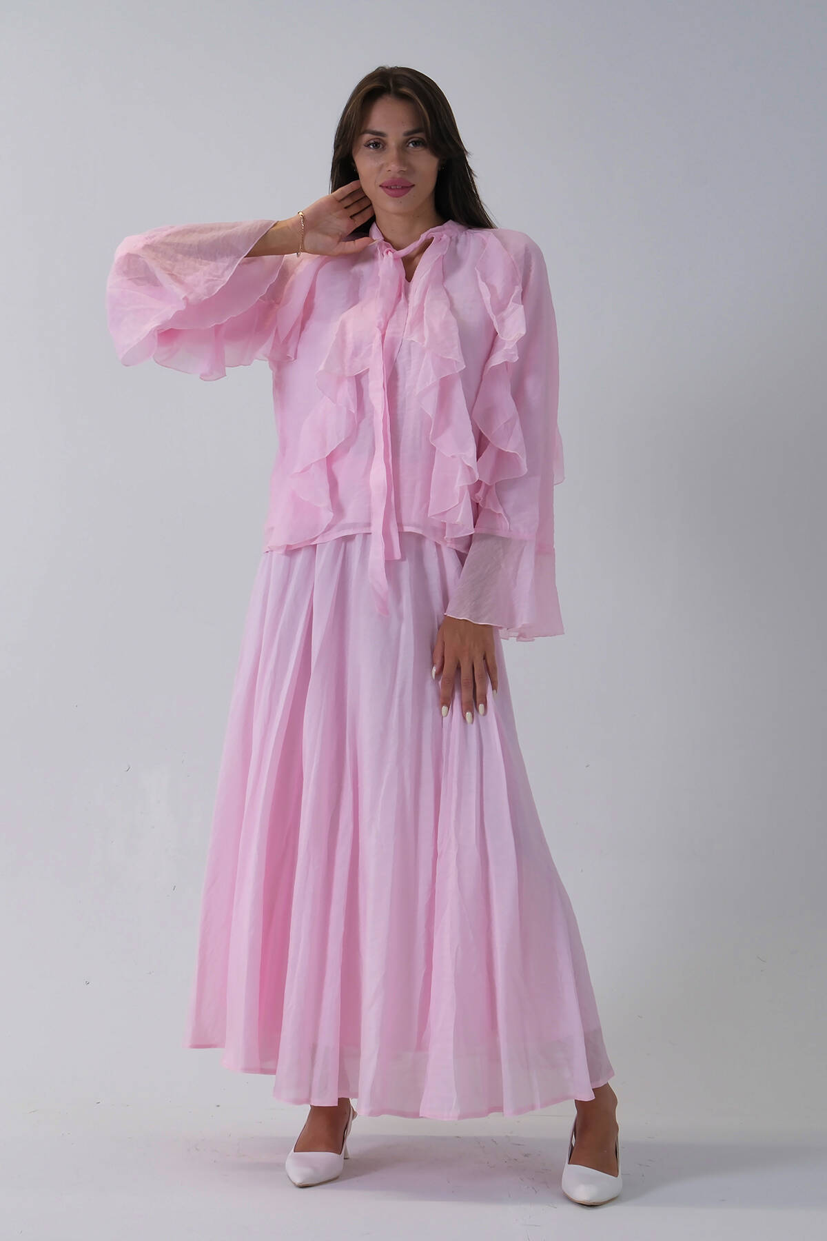 Pembe Bluz Fırfırlı İspanyol Kol Etekli Takım 530761.10 - Ardanewline
