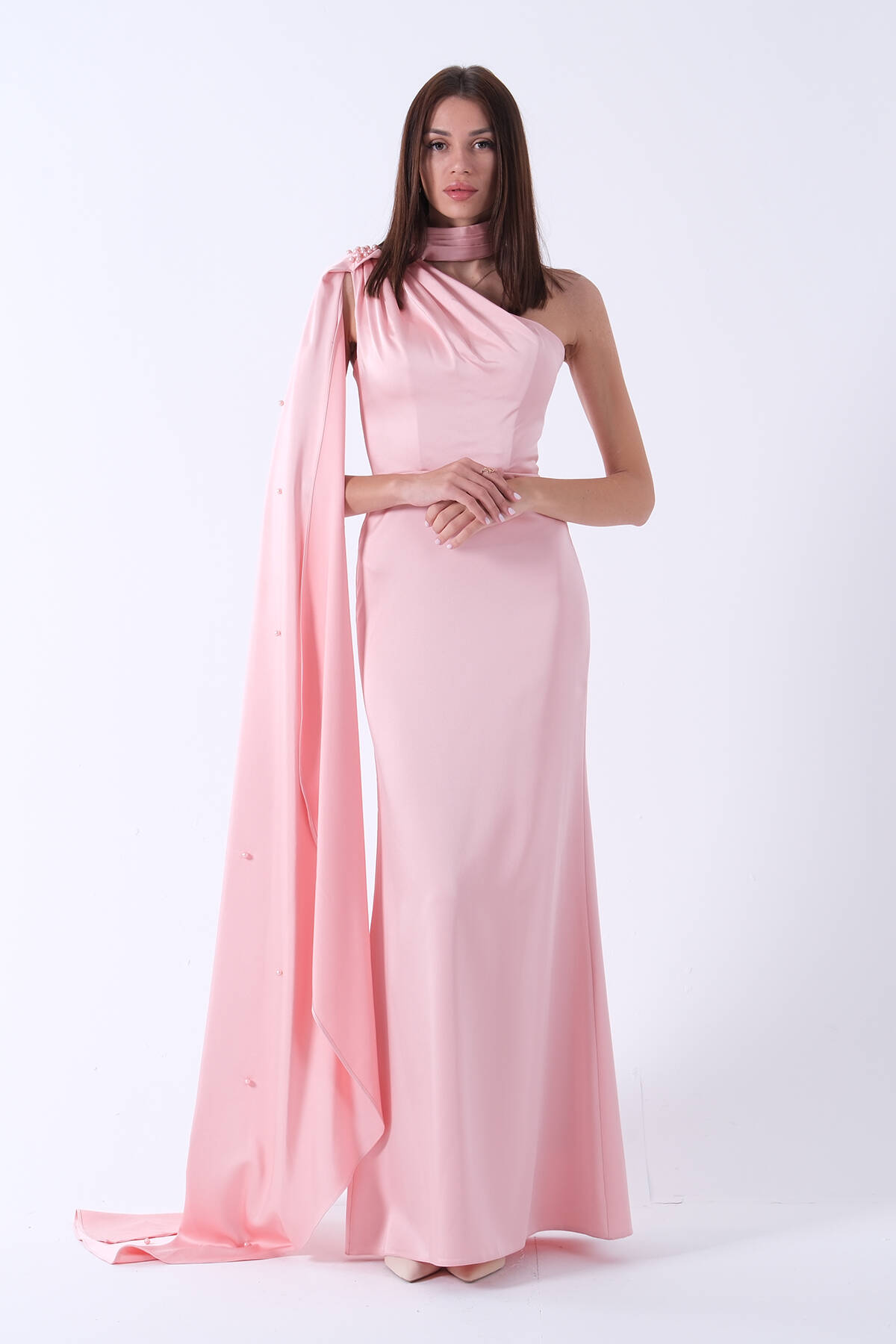 Pembe Yaka Kuşak Detaylı Tek Omuz Abiye 0801099.10 