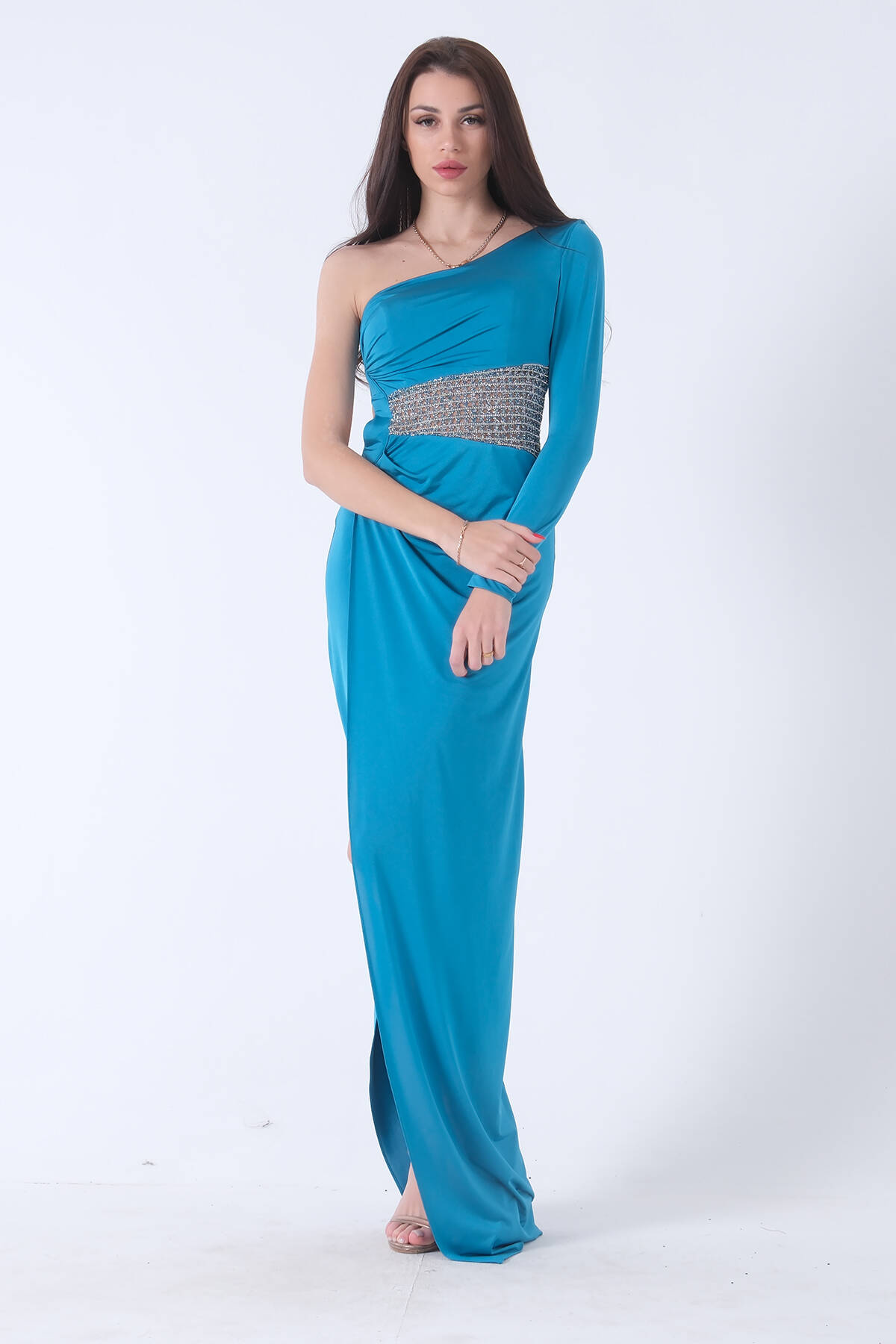 Petrol Tek Kol Yırtmaçlı Bel Dekolteli Balık Abiye Elbise 1302045.13 