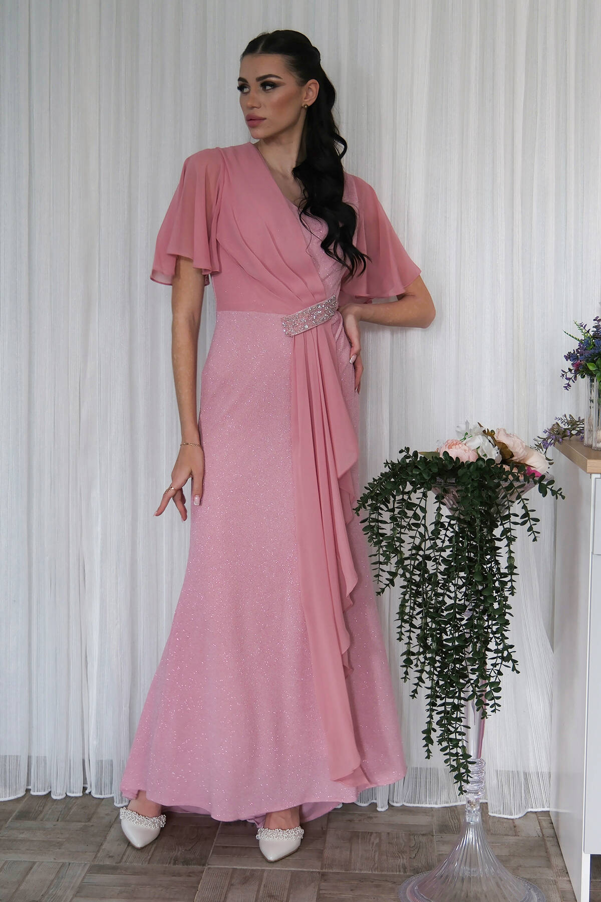 Pudra Beli Taş Detaylı Yarım Kol Tesettür Abiye 08061271.79 Pudra