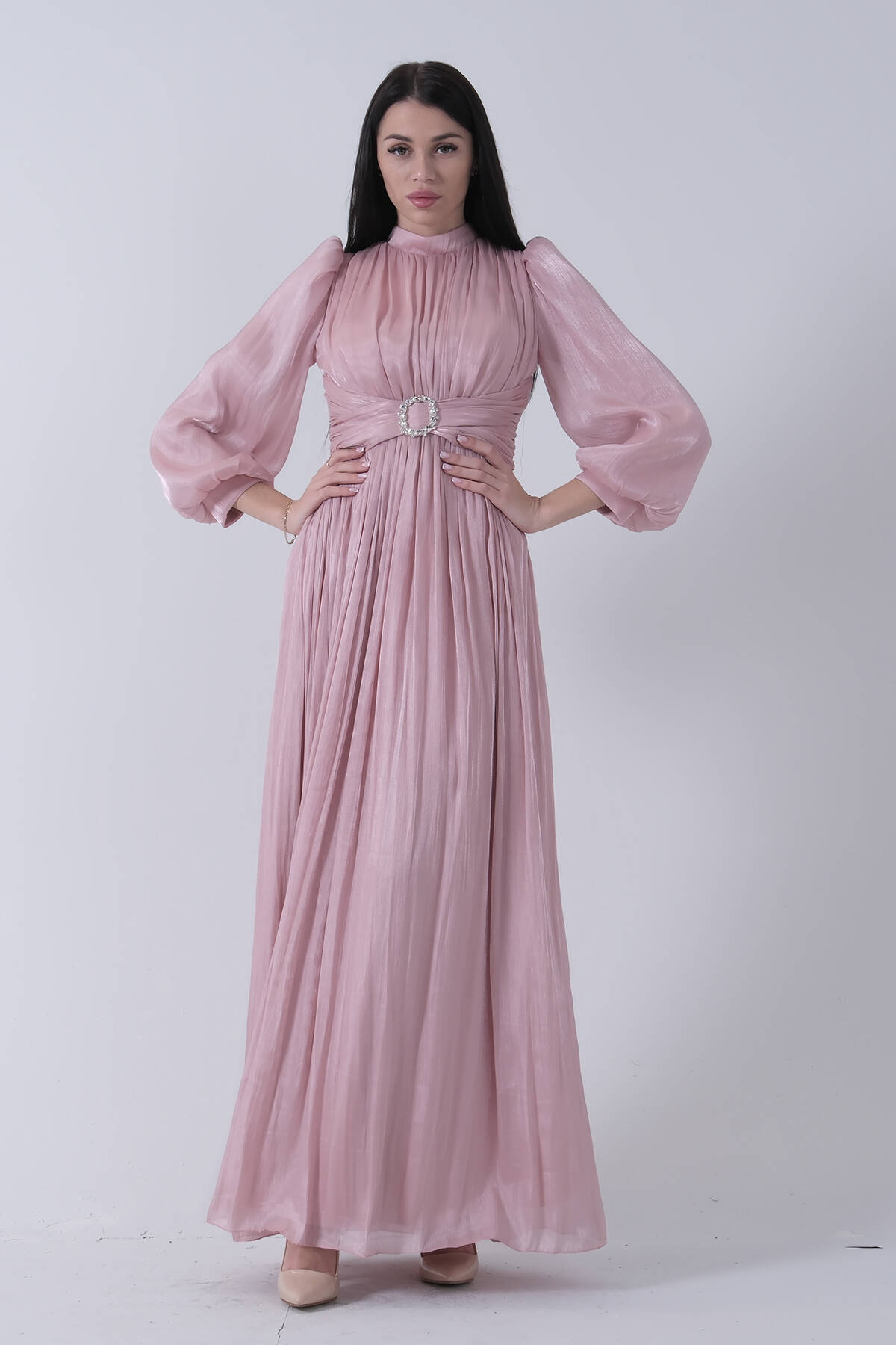 Pudra Beli Toka Aksesuarlı Bisiklet Yaka Tesettür Abiye 6502493.79 