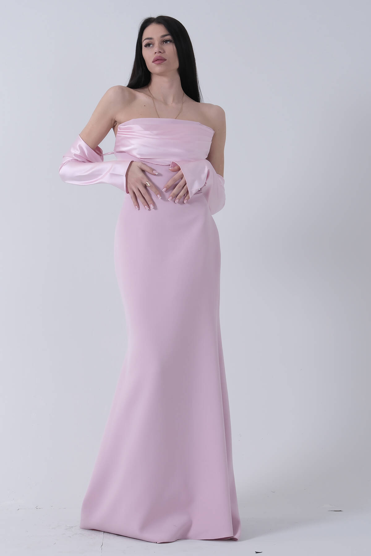 Pudra Drapeli Düğme Detaylı Uzun Abiye 9705361.79 